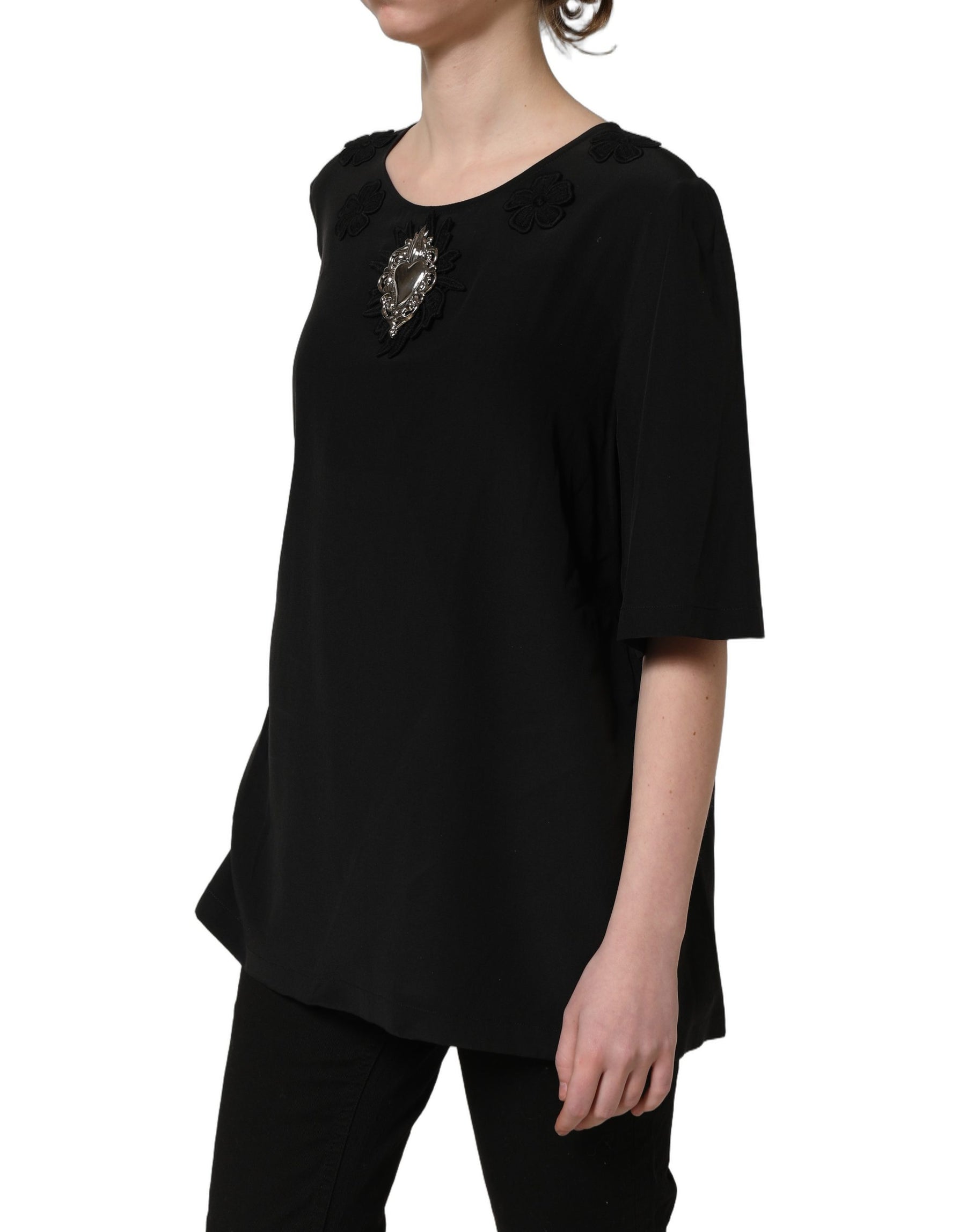 Dolce & Gabbana Black Floral Silk Heart Appliqué Blouse Top | Regal Royce