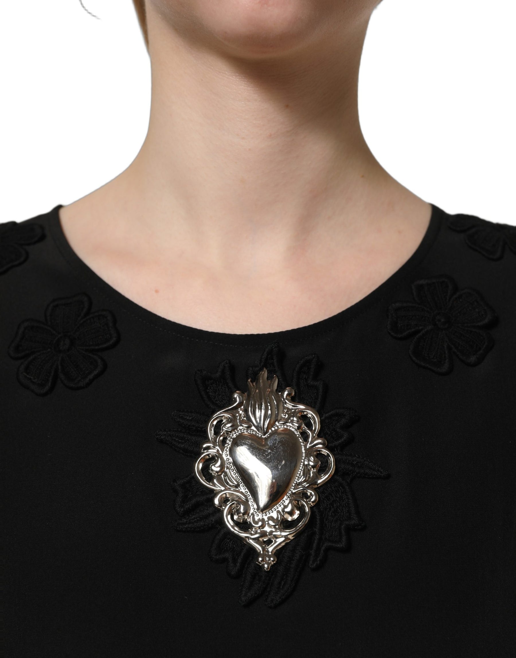 Dolce & Gabbana Black Floral Silk Heart Appliqué Blouse Top | Regal Royce
