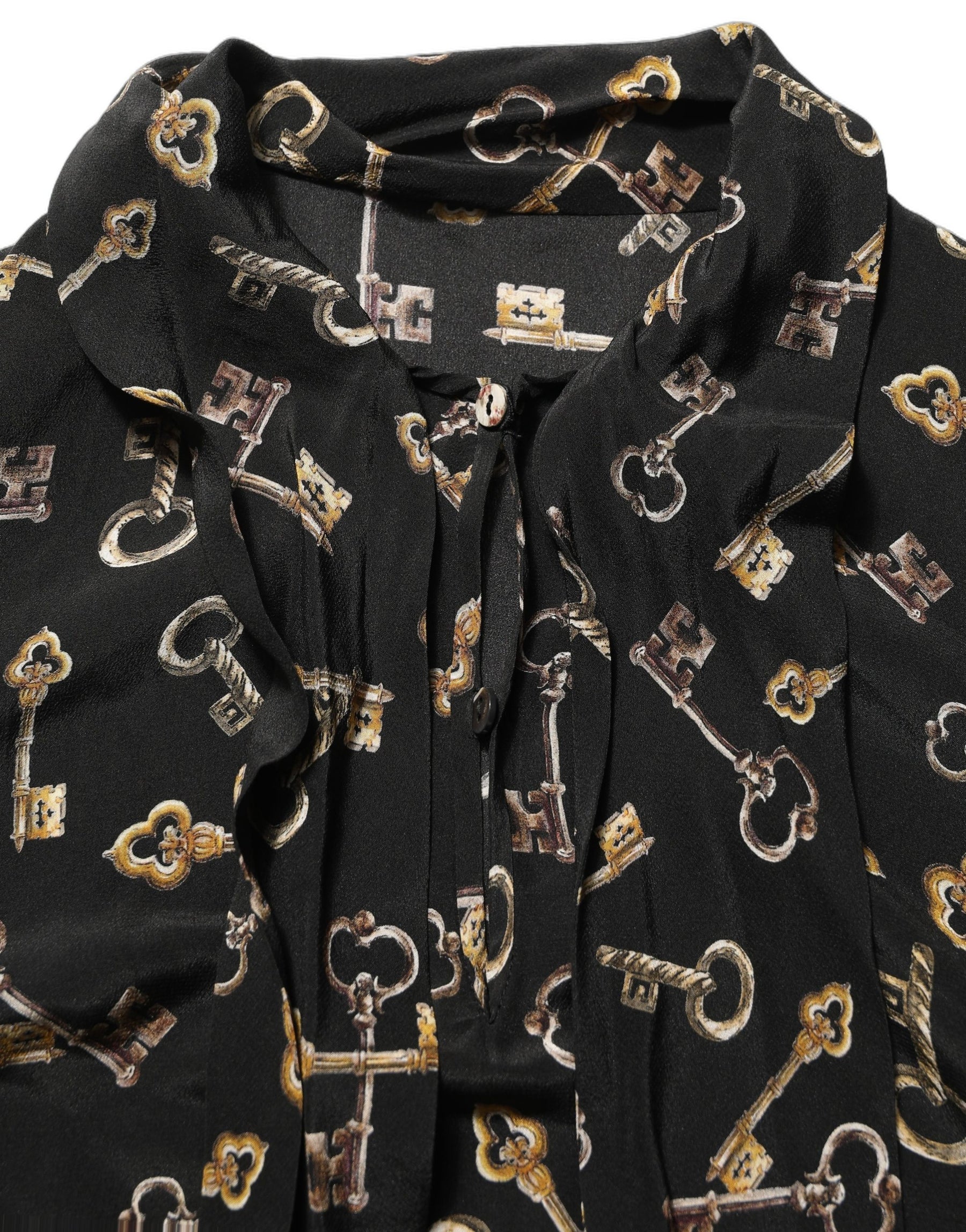 Dolce & Gabbana Black Keys Print Silk Tie Neck Blouse Top | Regal Royce