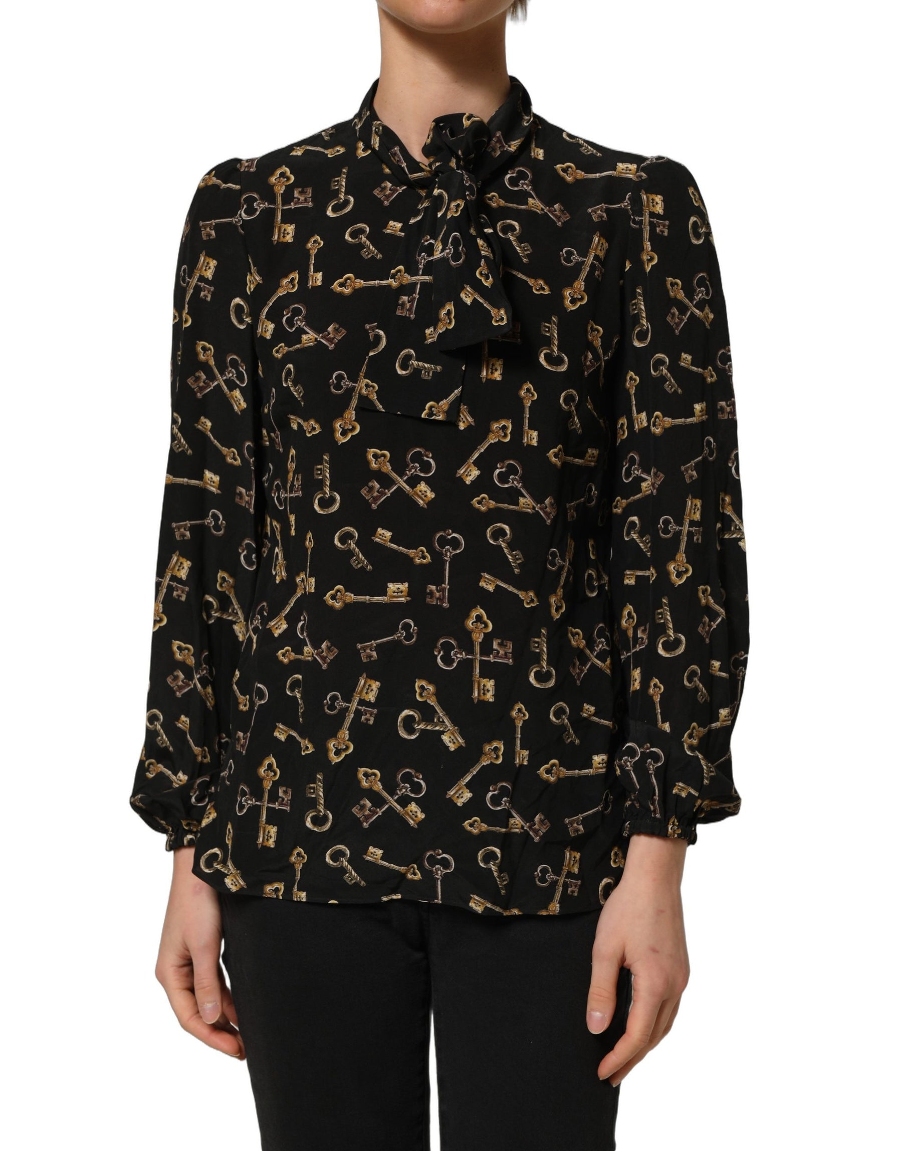 Dolce & Gabbana Black Keys Print Silk Tie Neck Blouse Top | Regal Royce
