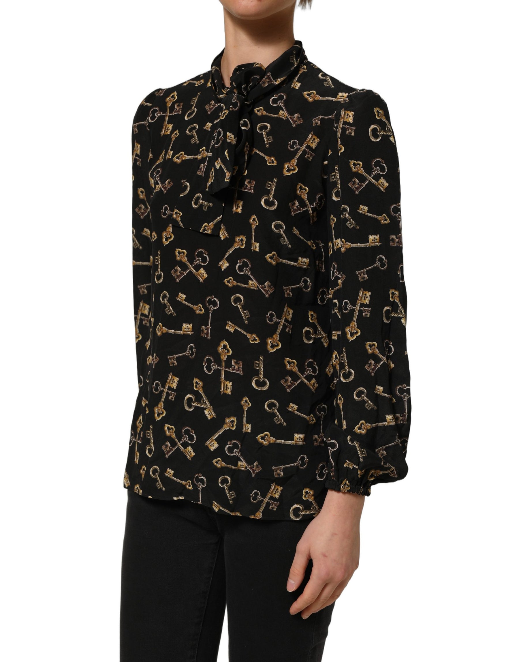 Dolce & Gabbana Black Keys Print Silk Tie Neck Blouse Top | Regal Royce