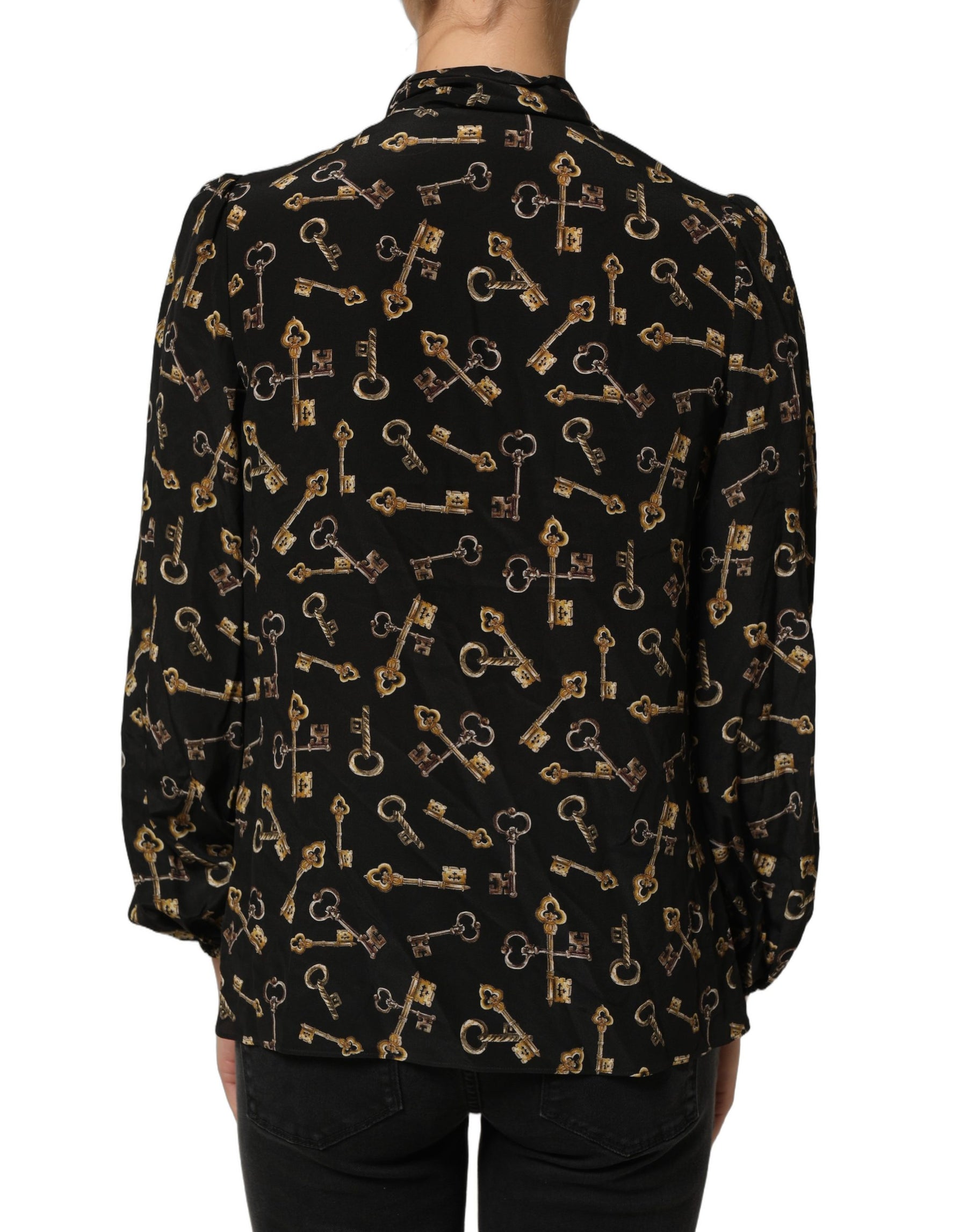 Dolce & Gabbana Black Keys Print Silk Tie Neck Blouse Top | Regal Royce