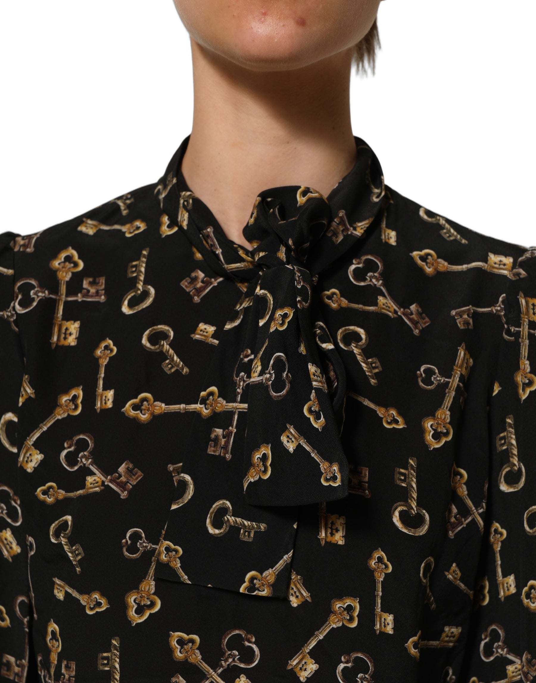 Dolce & Gabbana Black Keys Print Silk Tie Neck Blouse Top | Regal Royce
