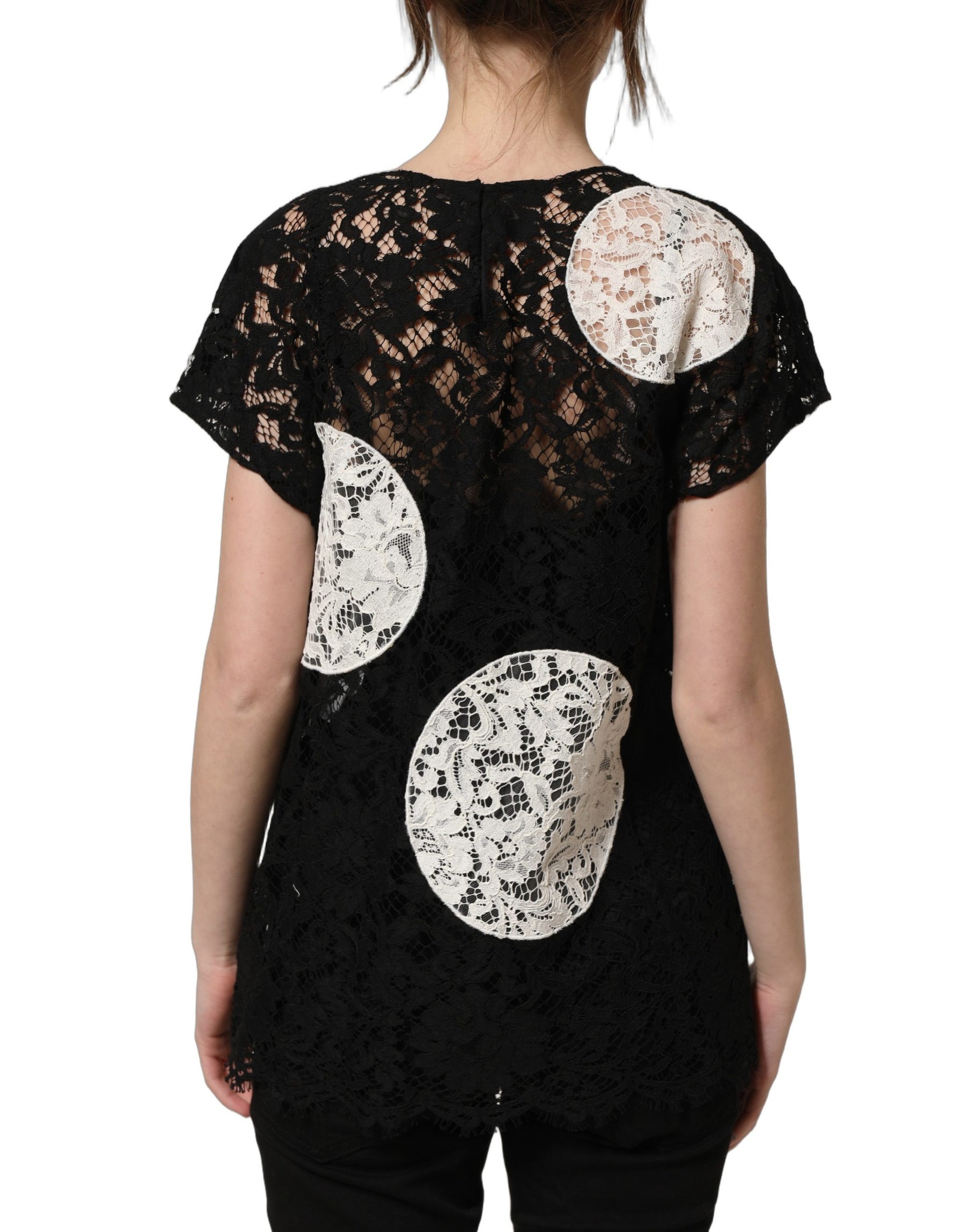 Dolce & Gabbana Black White Floral Lace Short Sleeve Blouse Top | Regal Royce