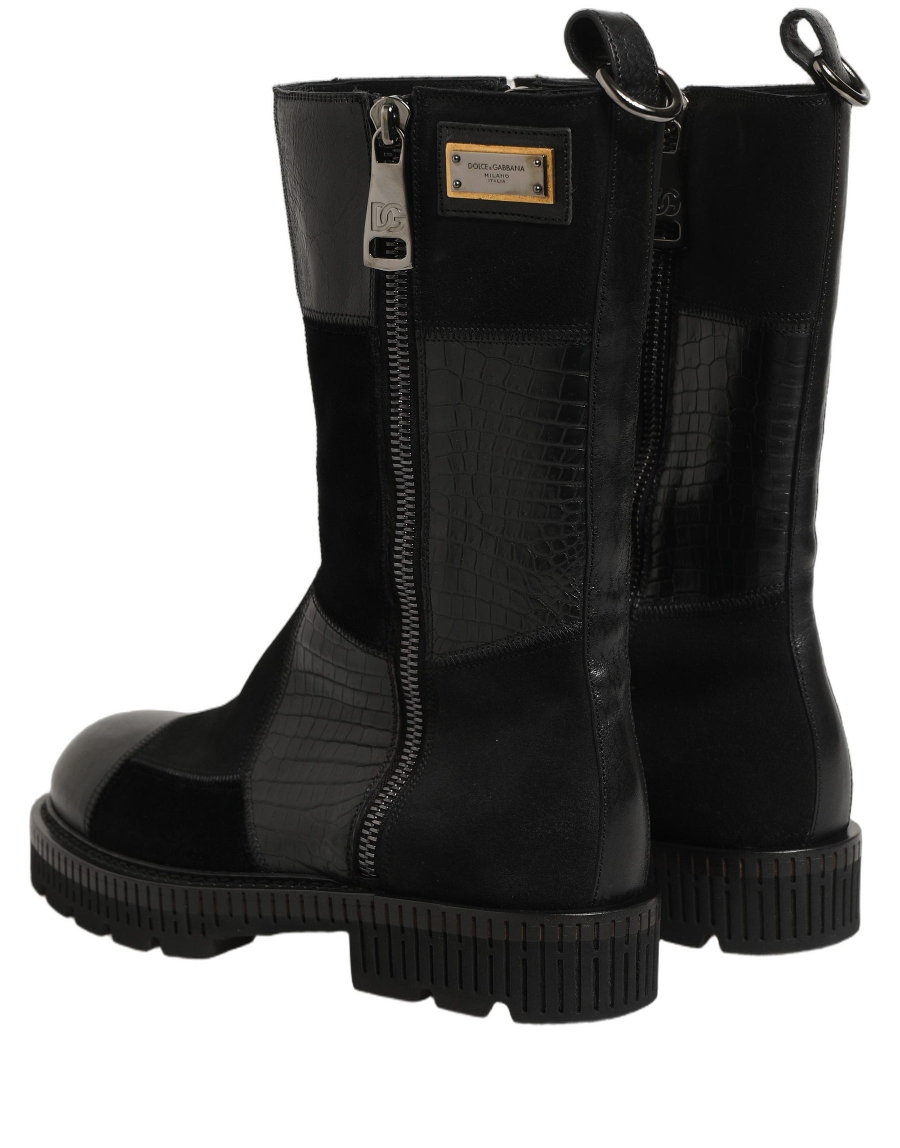 Dolce & Gabbana Black Patchwork Leather Mid Calf Boots Shoes | Regal Royce