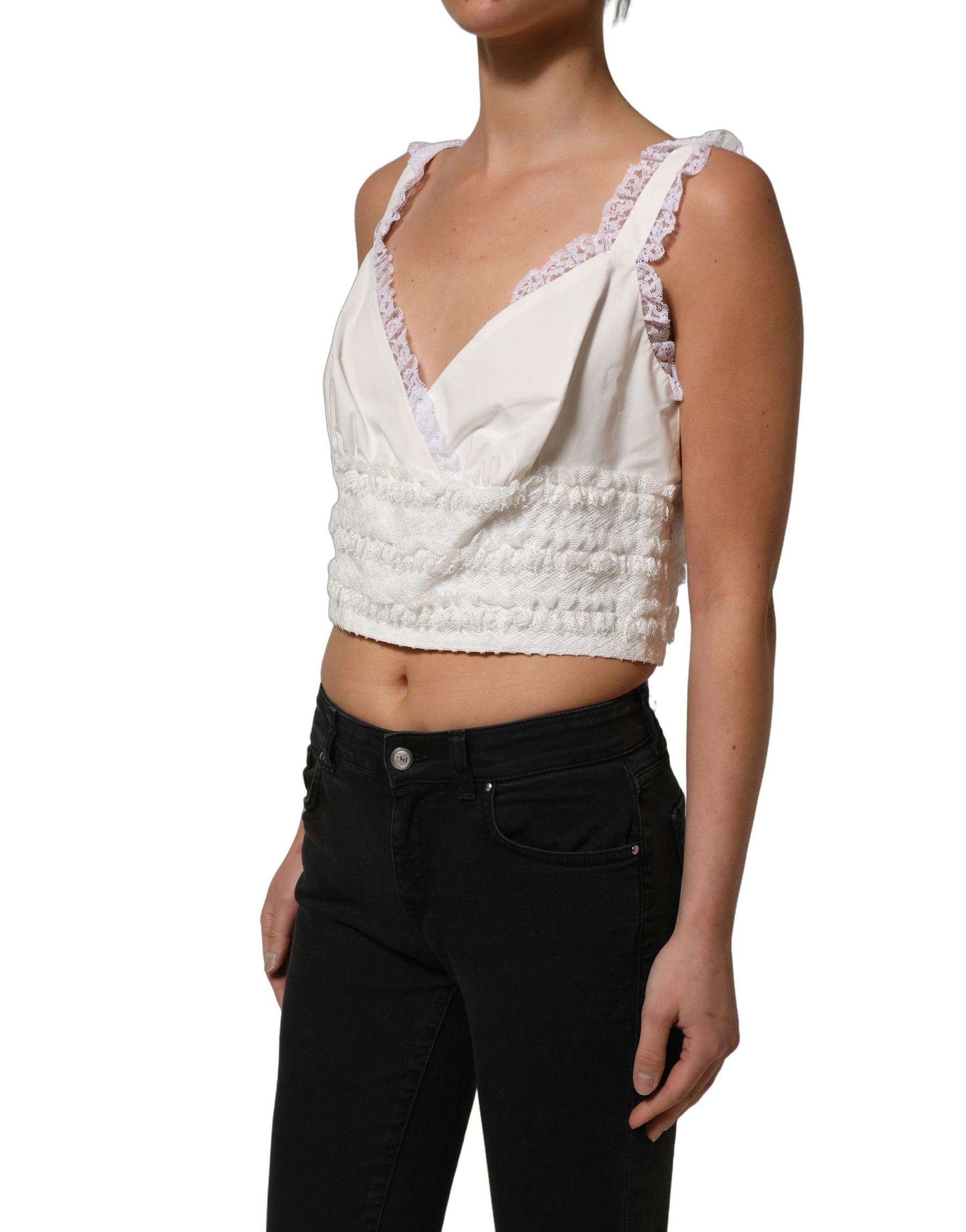 Dolce & Gabbana White Lace Trimmed Cotton Cropped Tank Top | Regal Royce