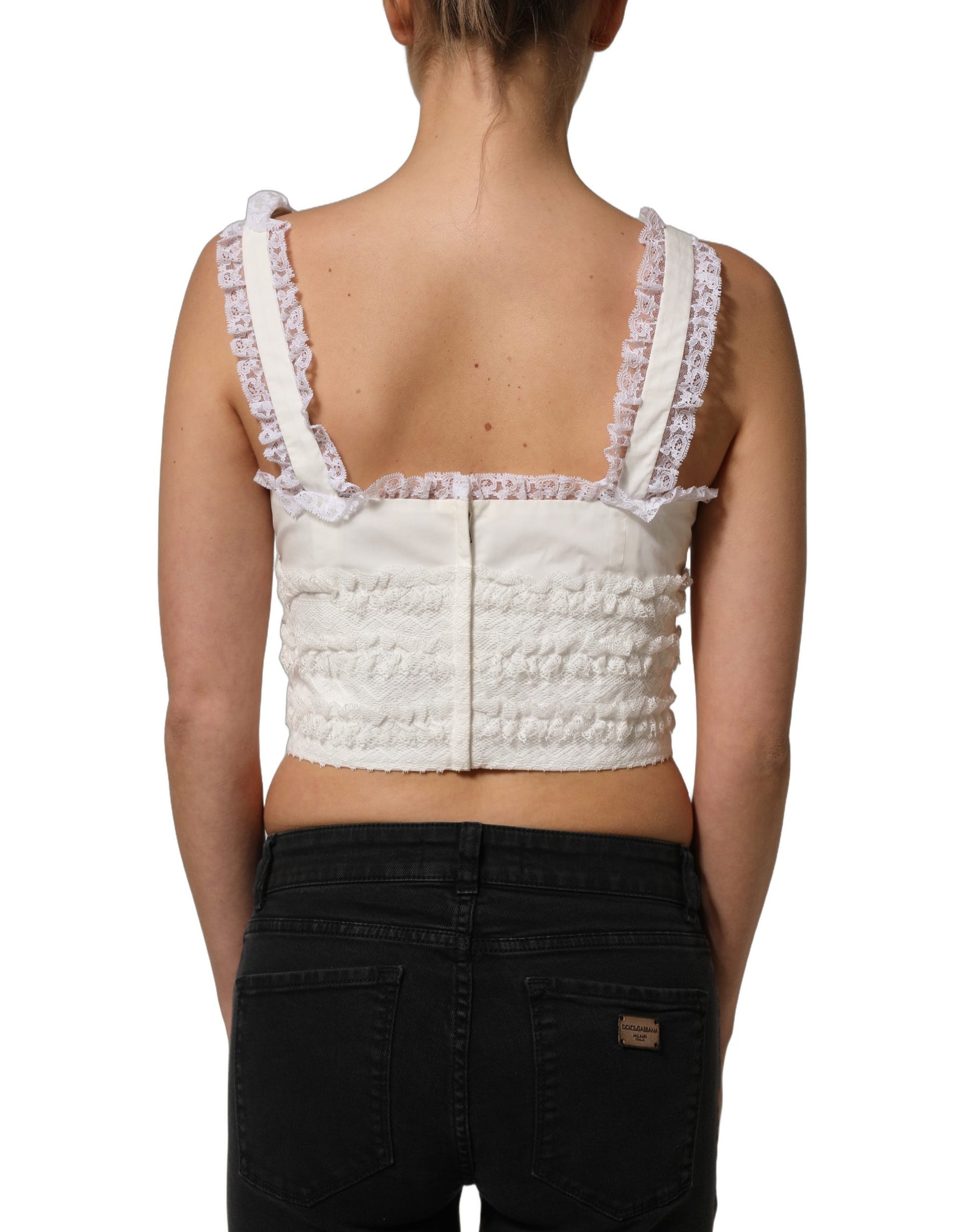 Dolce & Gabbana White Lace Trimmed Cotton Cropped Tank Top | Regal Royce