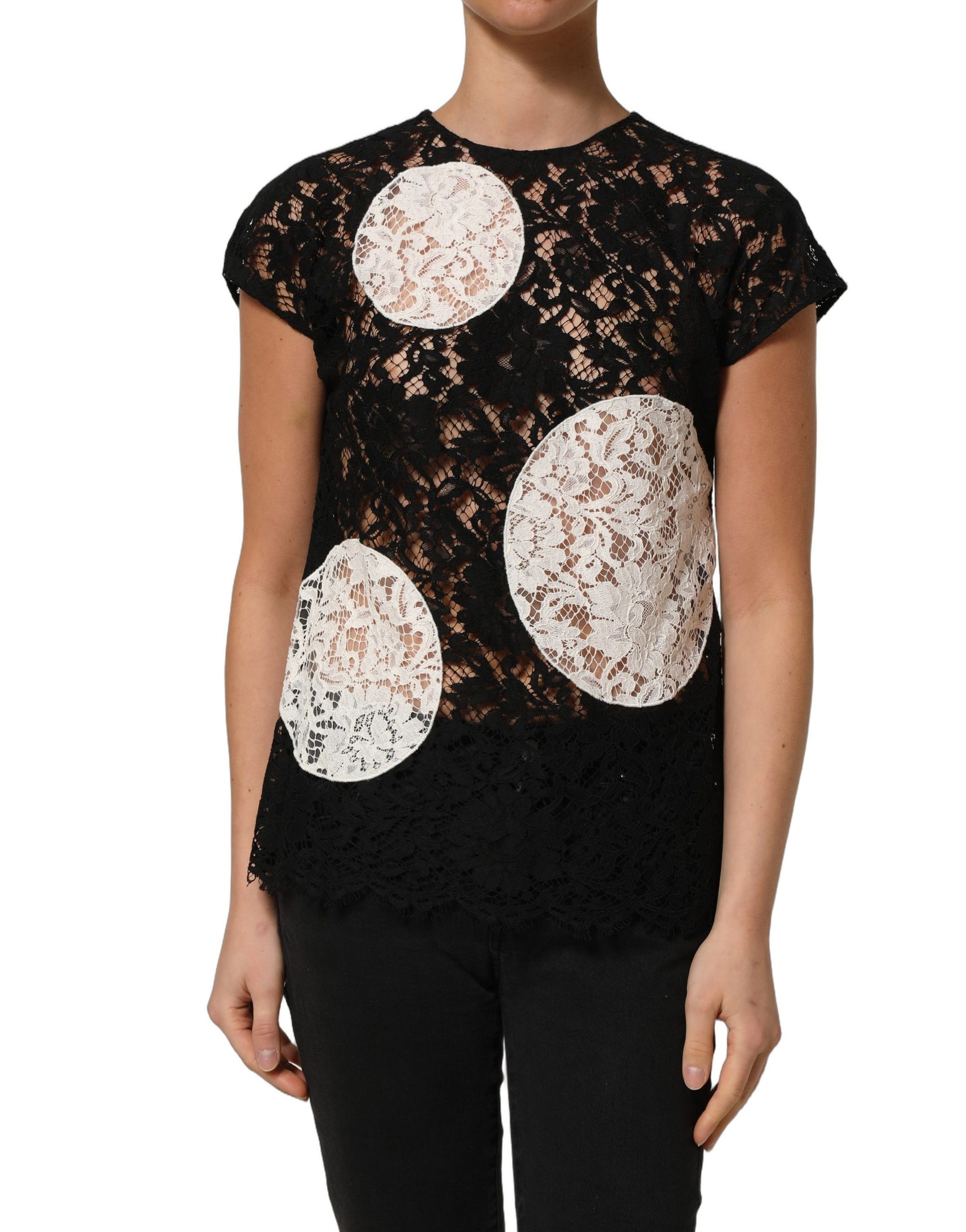 Dolce & Gabbana Black White Floral Lace Short Sleeve Blouse Top | Regal Royce