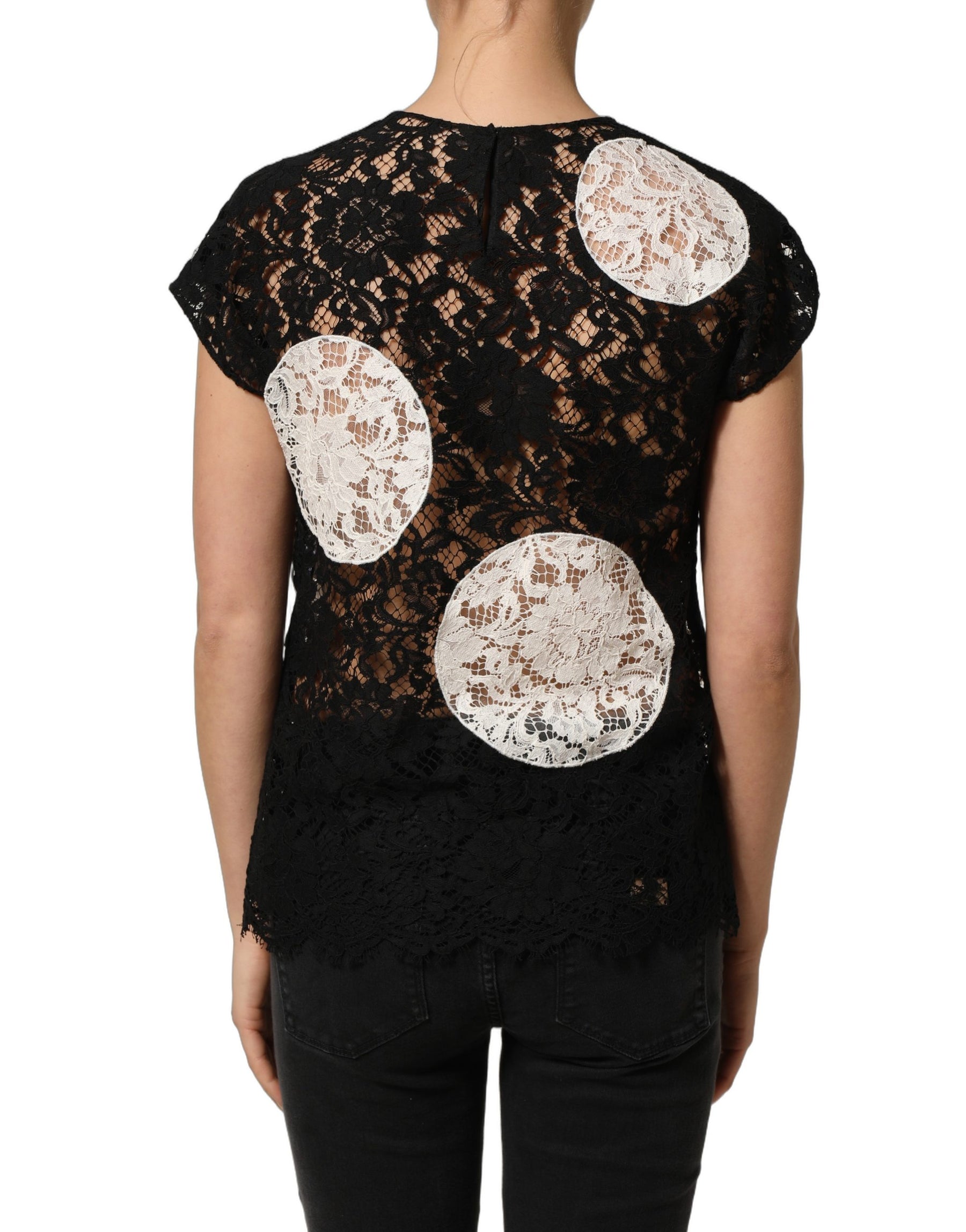 Dolce & Gabbana Black White Floral Lace Short Sleeve Blouse Top | Regal Royce