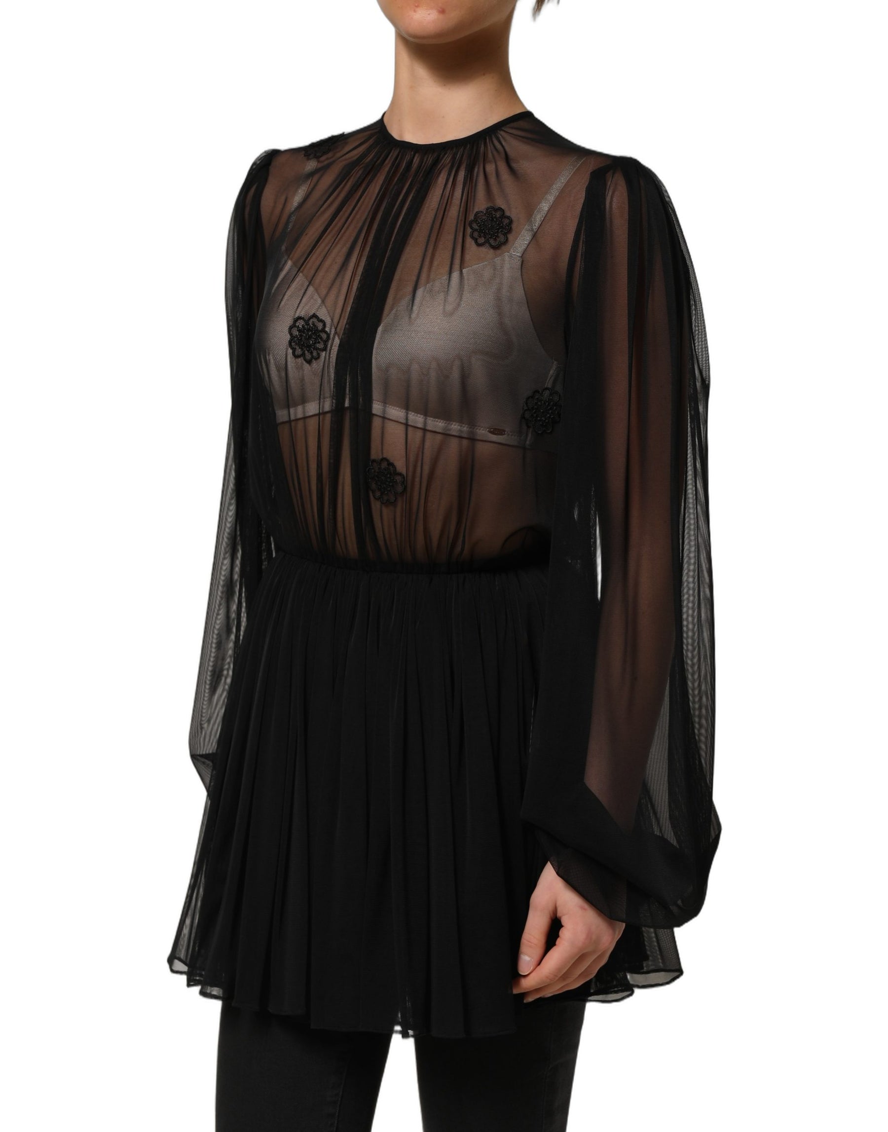 Dolce & Gabbana Black Polyester Mesh Sheer Crewneck Blouse Top | Regal Royce