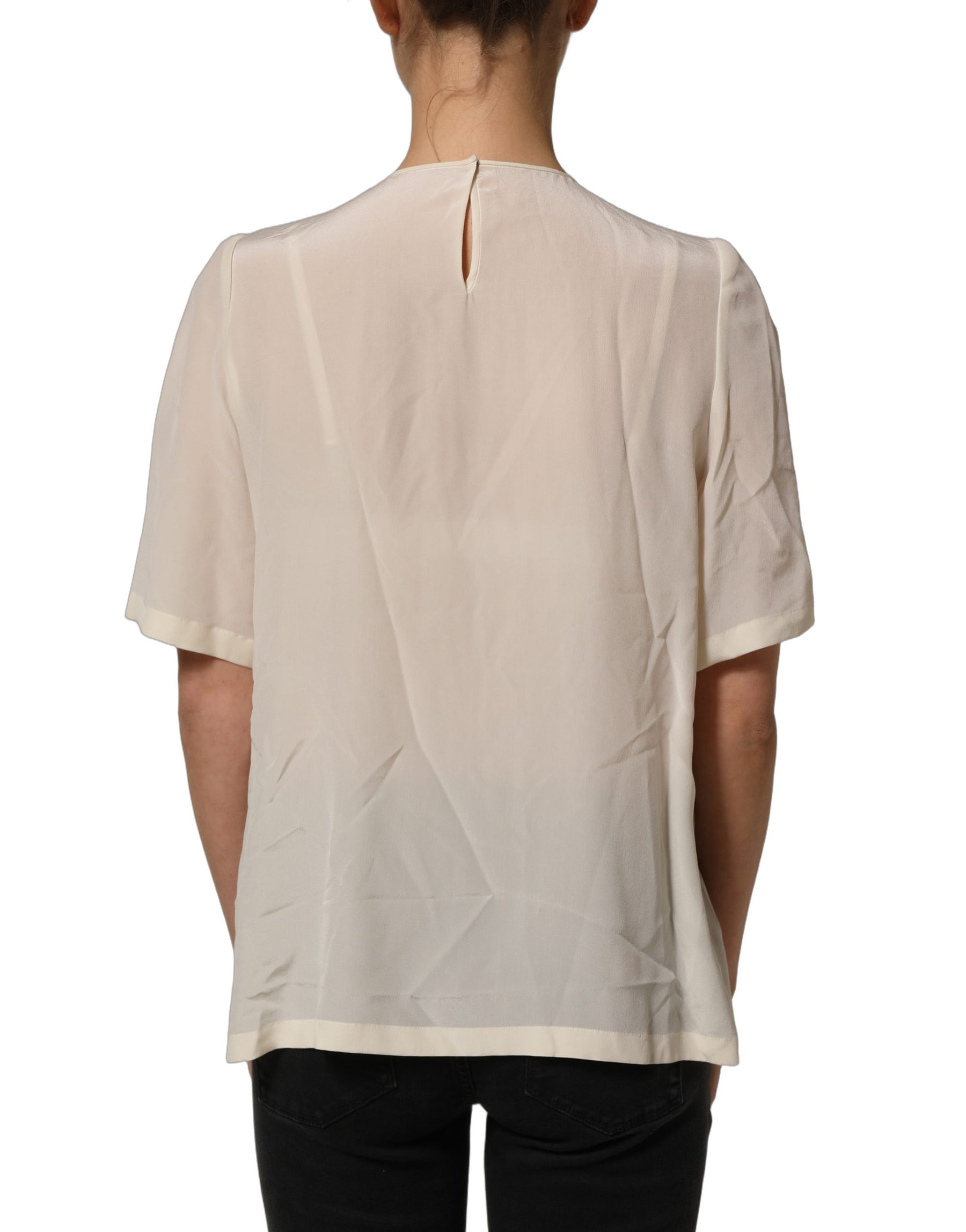 Dolce & Gabbana Beige Lace Trim Bow Short Sleeves Blouse Top | Regal Royce