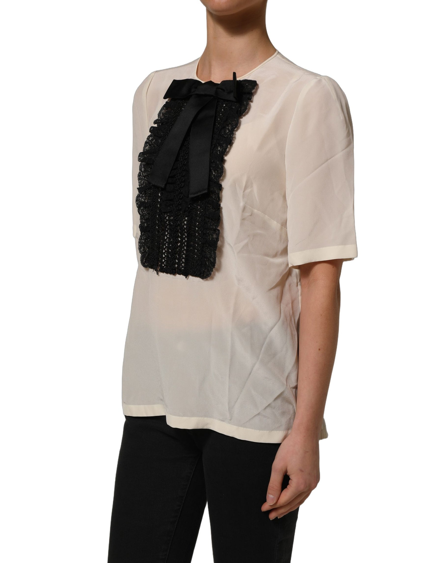 Dolce & Gabbana Beige Lace Trim Bow Short Sleeves Blouse Top | Regal Royce