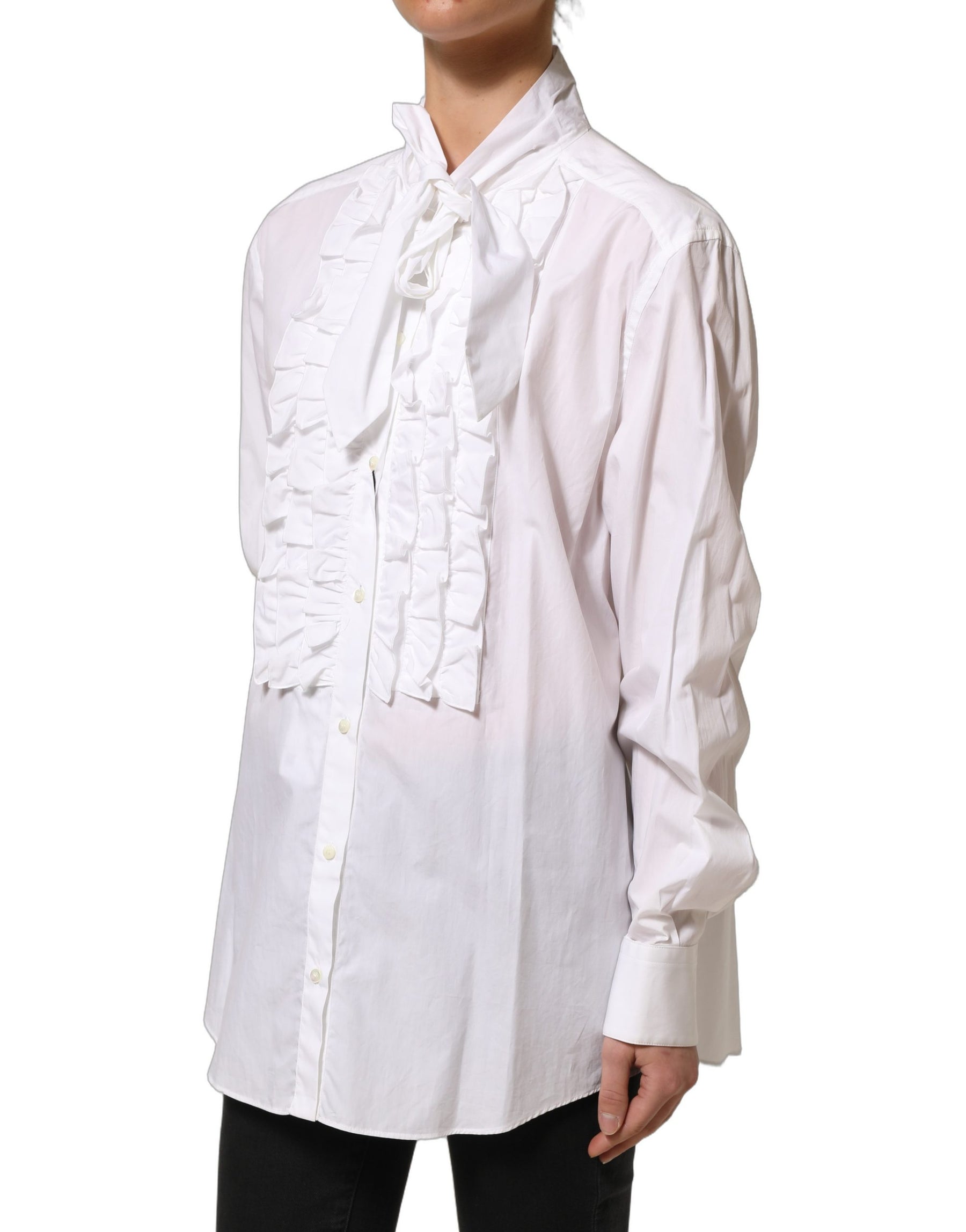 Dolce & Gabbana White Ruffled Bib Long Sleeves Blouse Top | Regal Royce