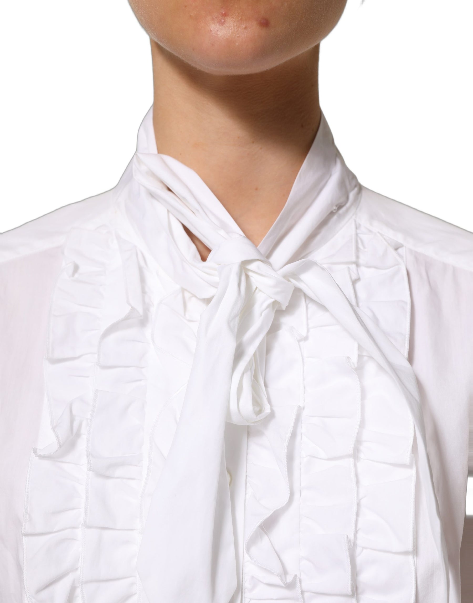 Dolce & Gabbana White Ruffled Bib Long Sleeves Blouse Top | Regal Royce