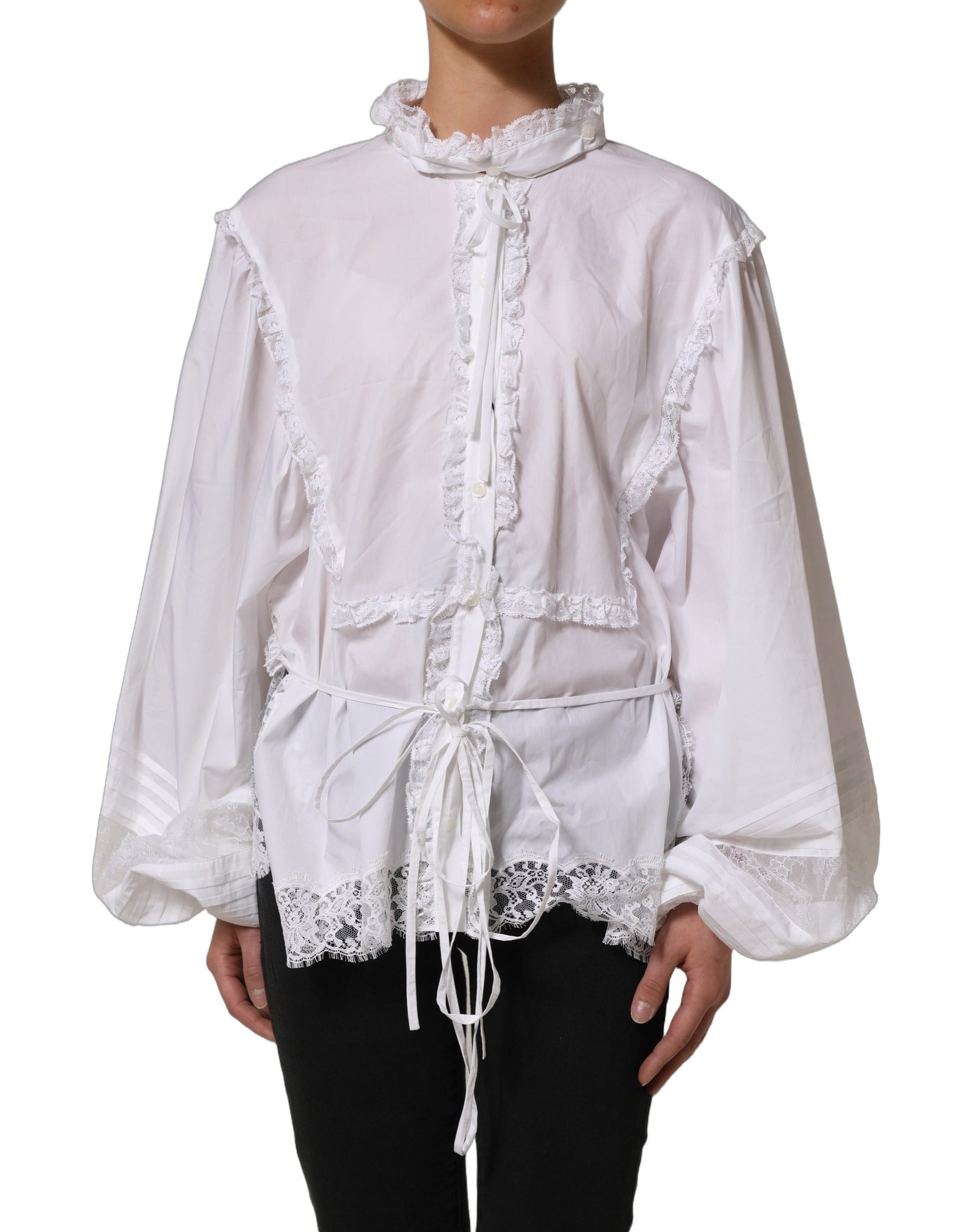 Dolce & Gabbana White Ruffled Lace Embellished Blouse Top | Regal Royce