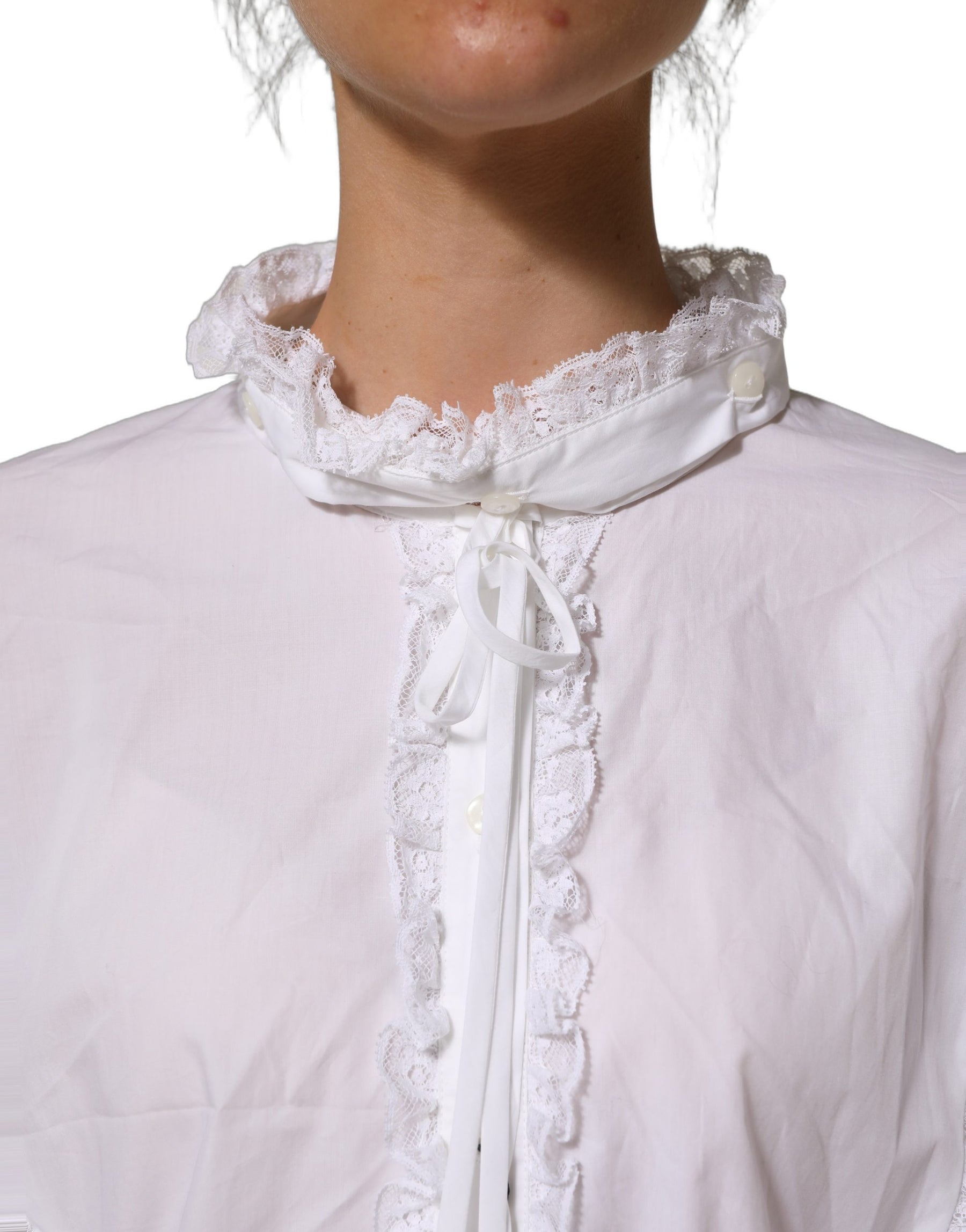 Dolce & Gabbana White Ruffled Lace Embellished Blouse Top | Regal Royce