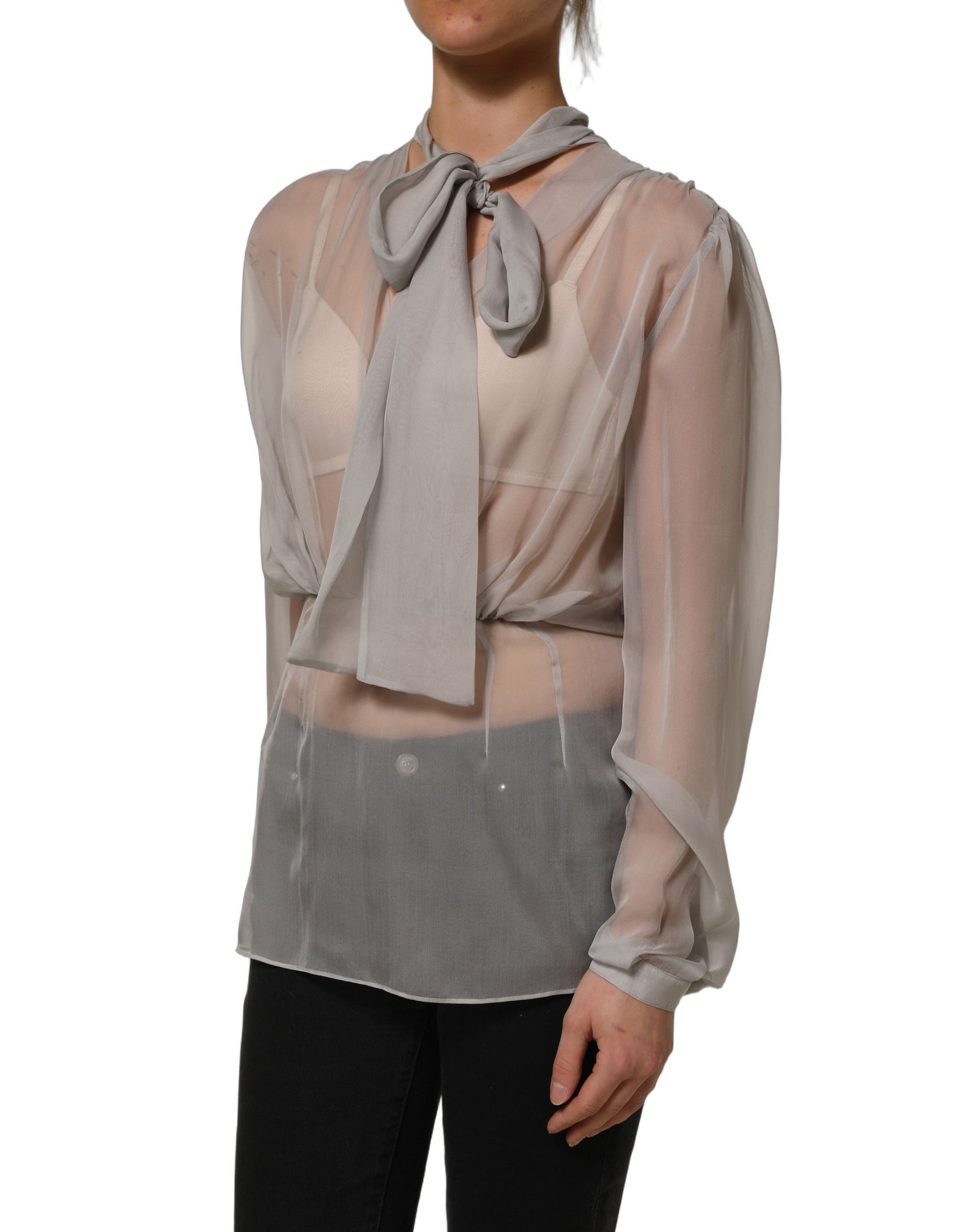 Dolce & Gabbana Gray Sheer Silk Chiffon Shirt Bow Collar Top | Regal Royce