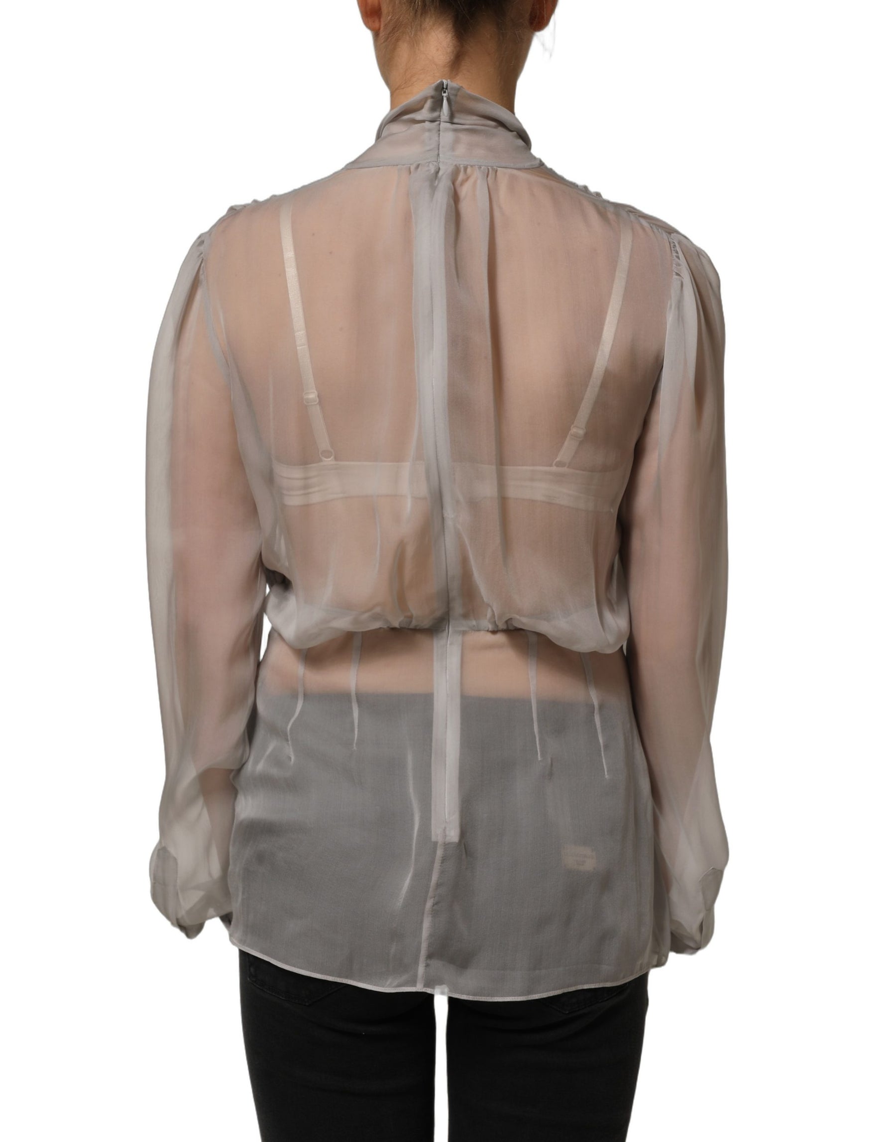 Dolce & Gabbana Gray Sheer Silk Chiffon Shirt Bow Collar Top | Regal Royce