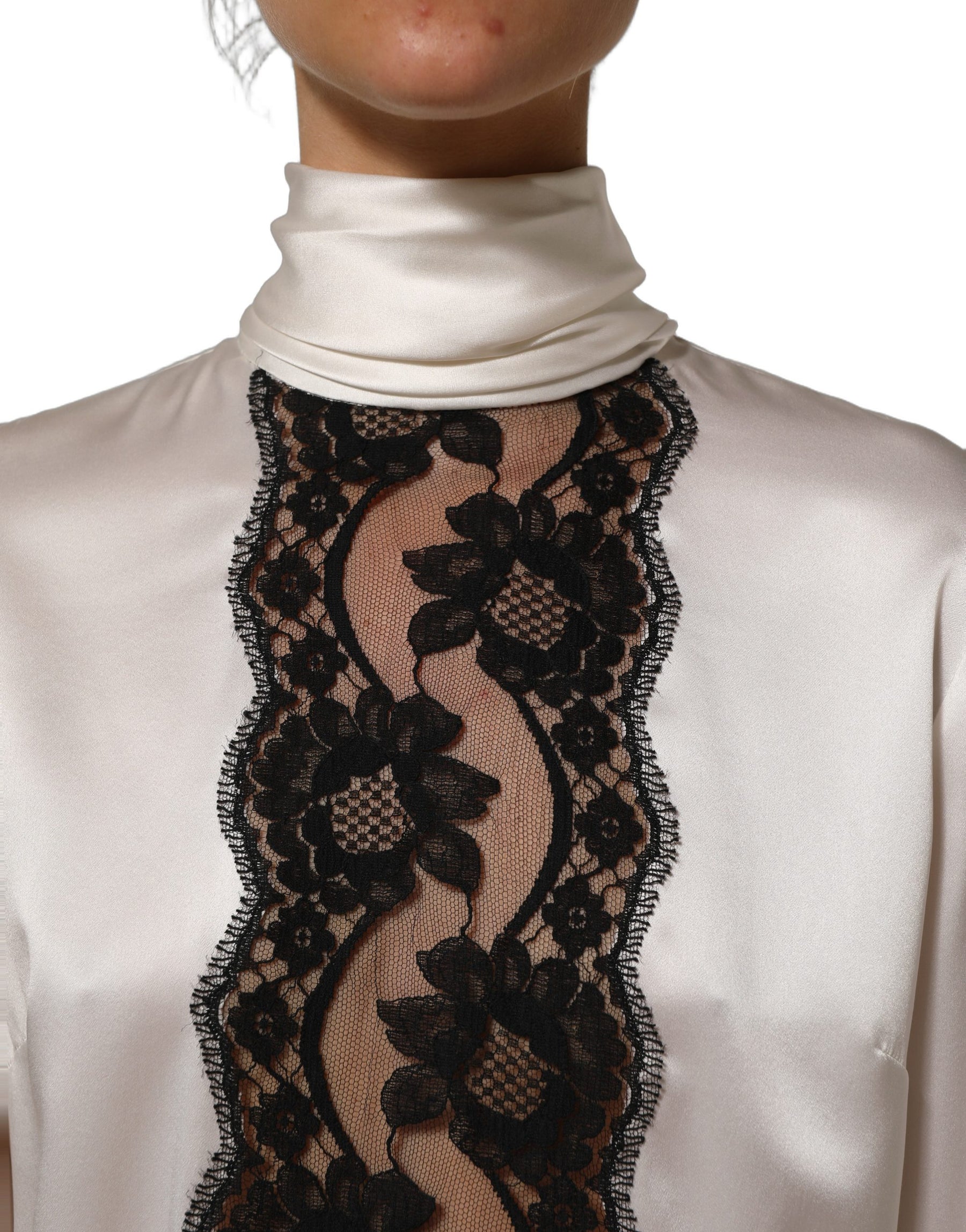 Dolce & Gabbana White satin Lace Trim LOng Sleeves Blouse Top | Regal Royce