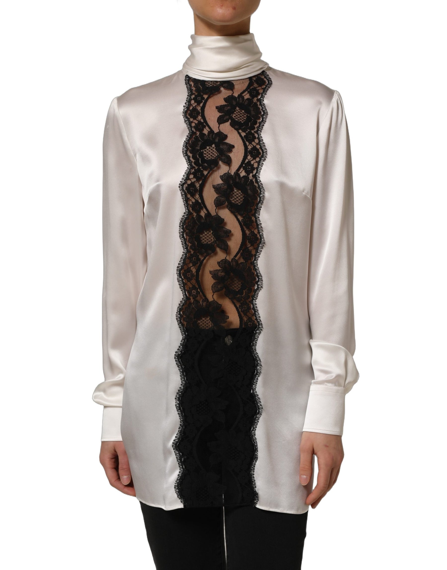 Dolce & Gabbana White satin Lace Trim LOng Sleeves Blouse Top | Regal Royce