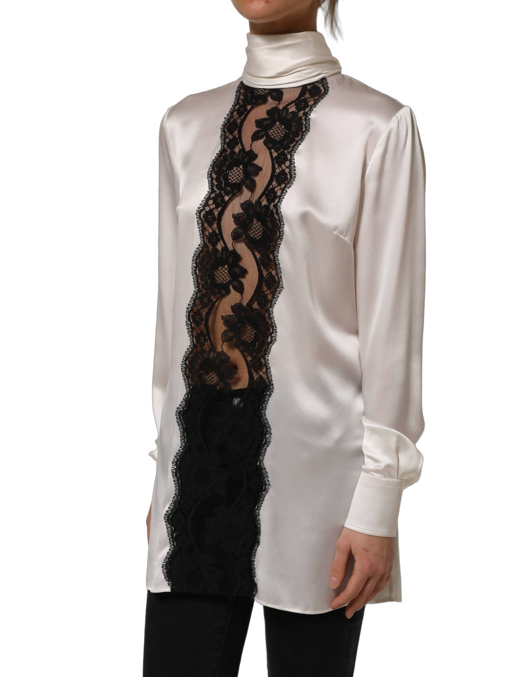 Dolce & Gabbana White satin Lace Trim LOng Sleeves Blouse Top | Regal Royce