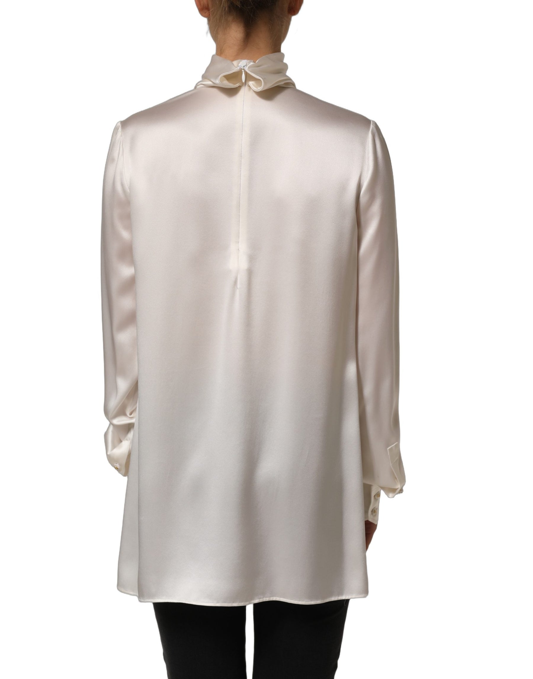 Dolce & Gabbana White satin Lace Trim LOng Sleeves Blouse Top | Regal Royce