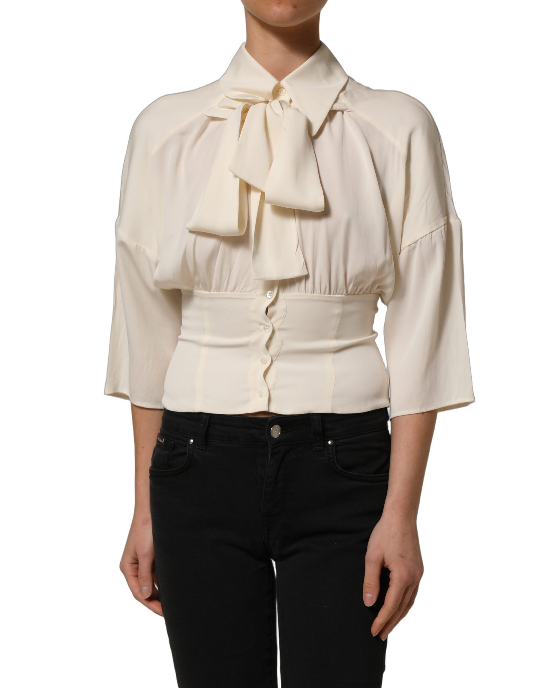 Dolce & Gabbana Off White Ascot Collar Long Sleeves Blouse Top | Regal Royce