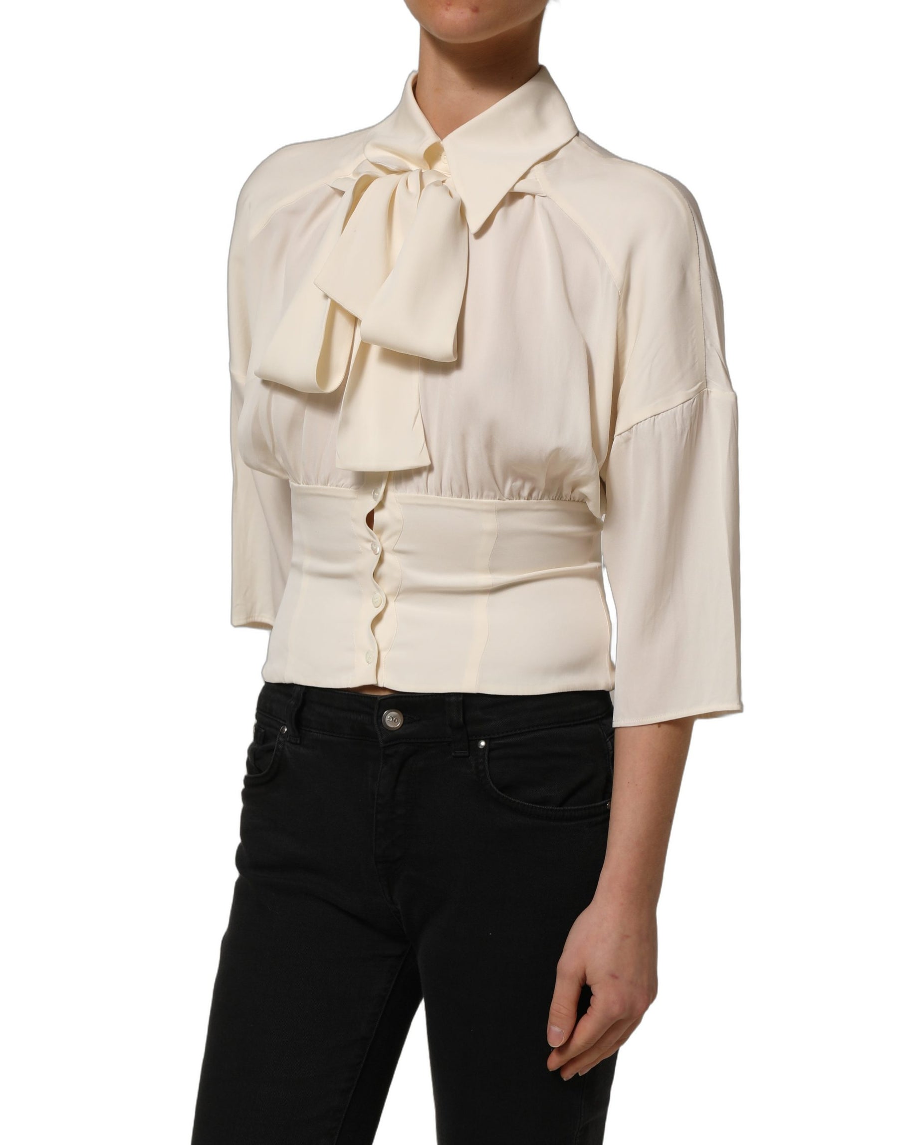 Dolce & Gabbana Off White Ascot Collar Long Sleeves Blouse Top | Regal Royce