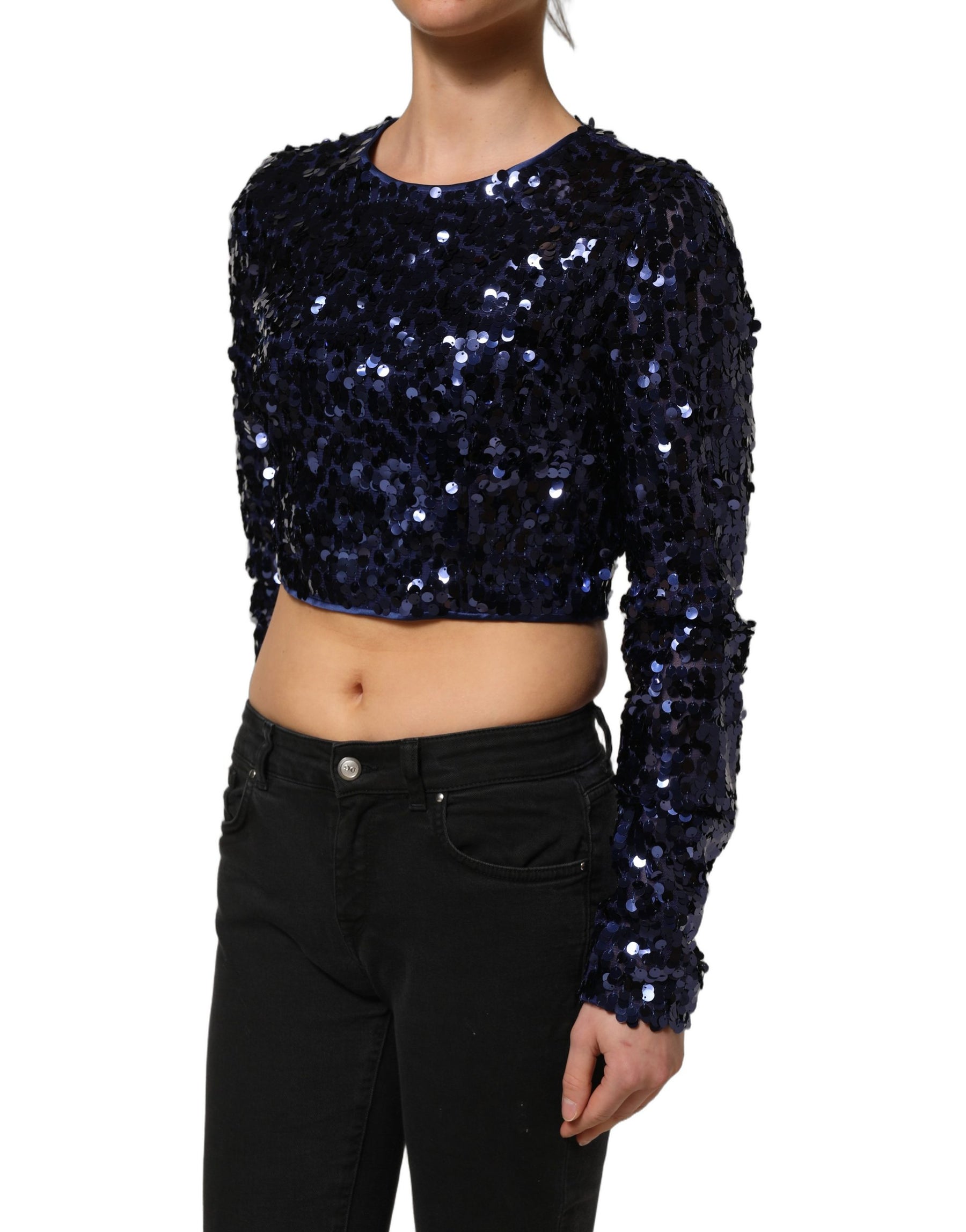 Dolce & Gabbana Blue Sequined Long Sleeves Crop Blouse Top | Regal Royce
