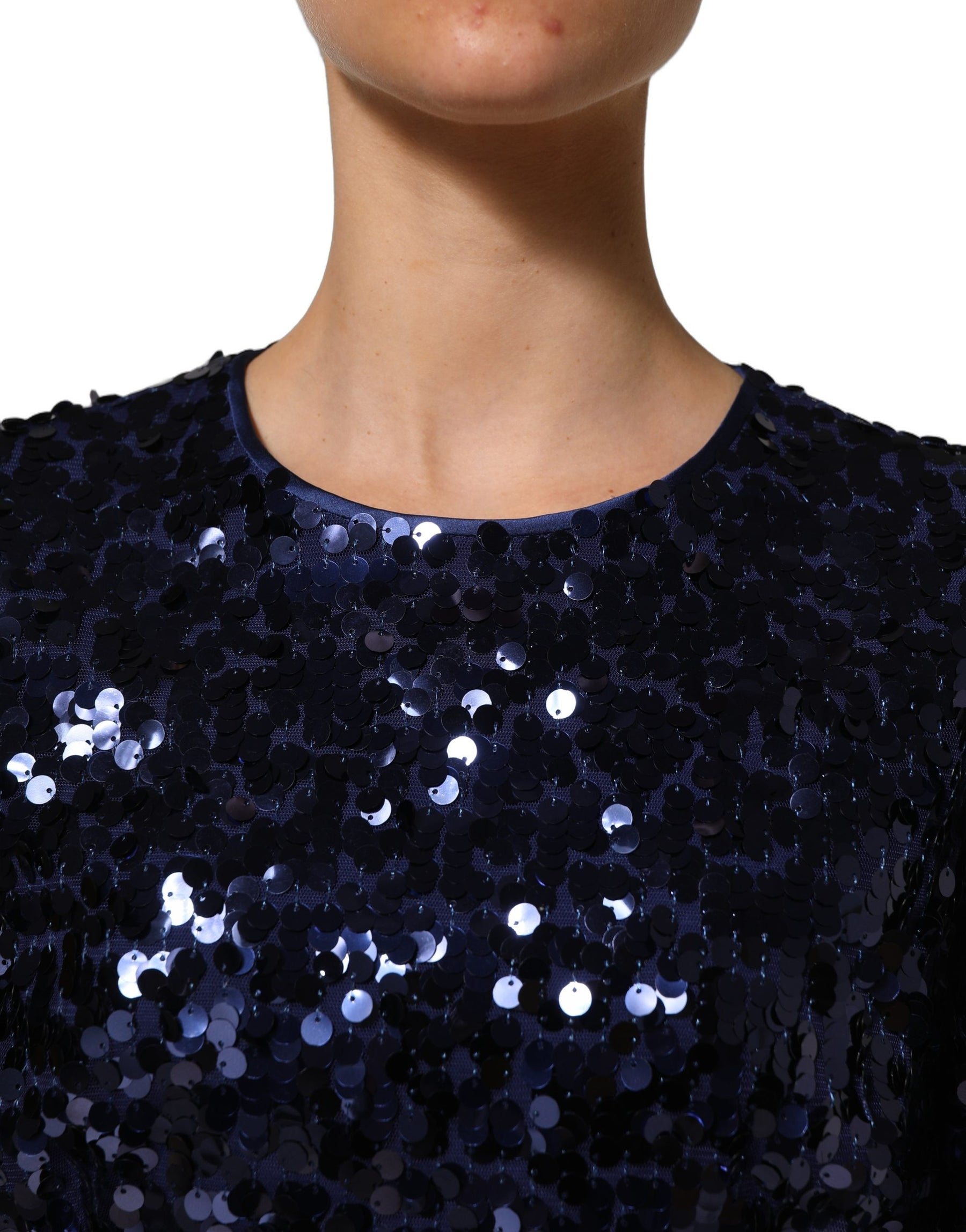 Dolce & Gabbana Blue Sequined Long Sleeves Crop Blouse Top | Regal Royce
