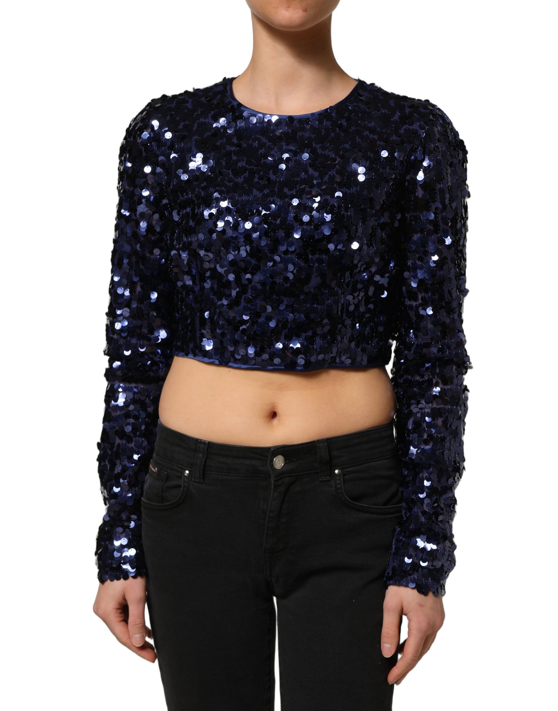 Dolce & Gabbana Blue Sequined Long Sleeves Crop Blouse Top | Regal Royce