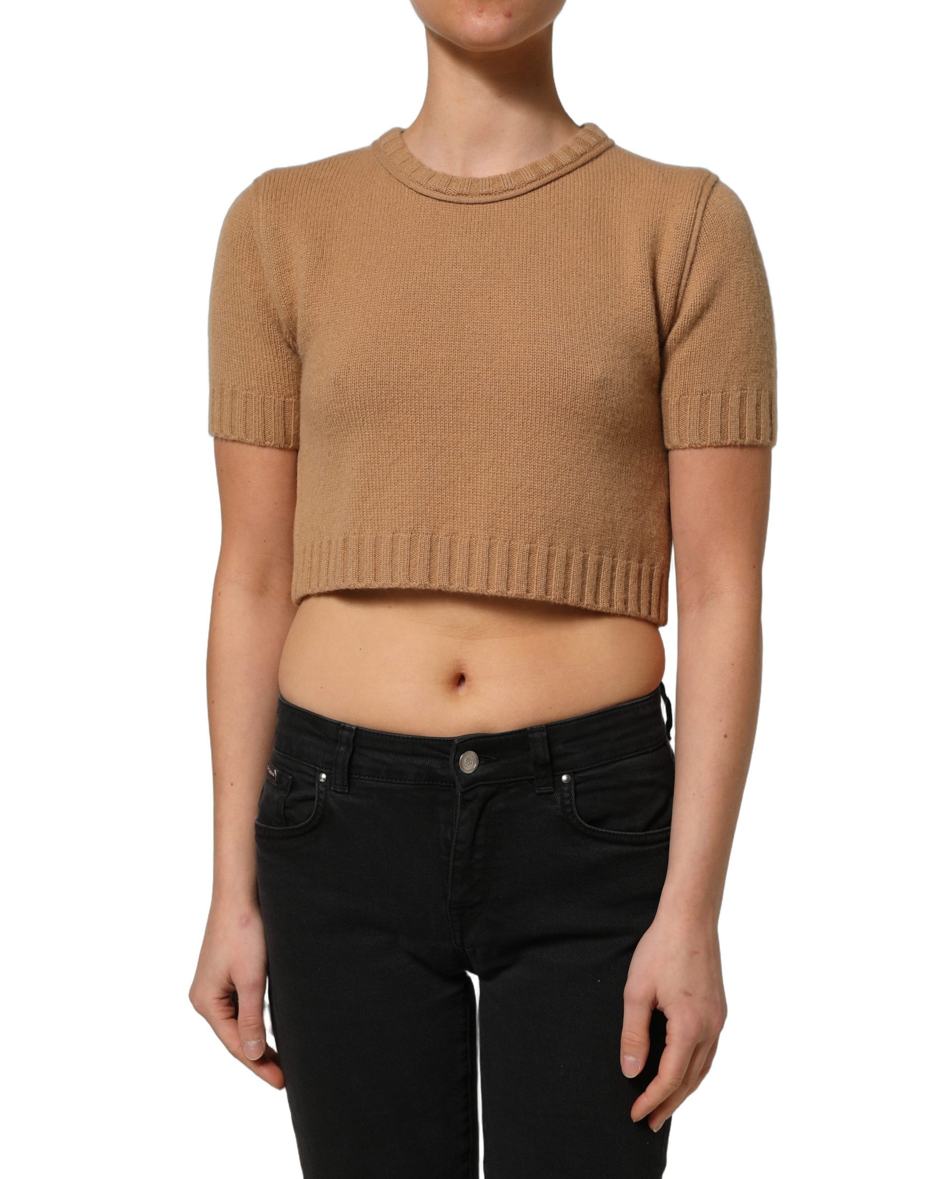 Dolce & Gabbana Brown Wool Short Sleeves Cropped Blouse Top | Regal Royce