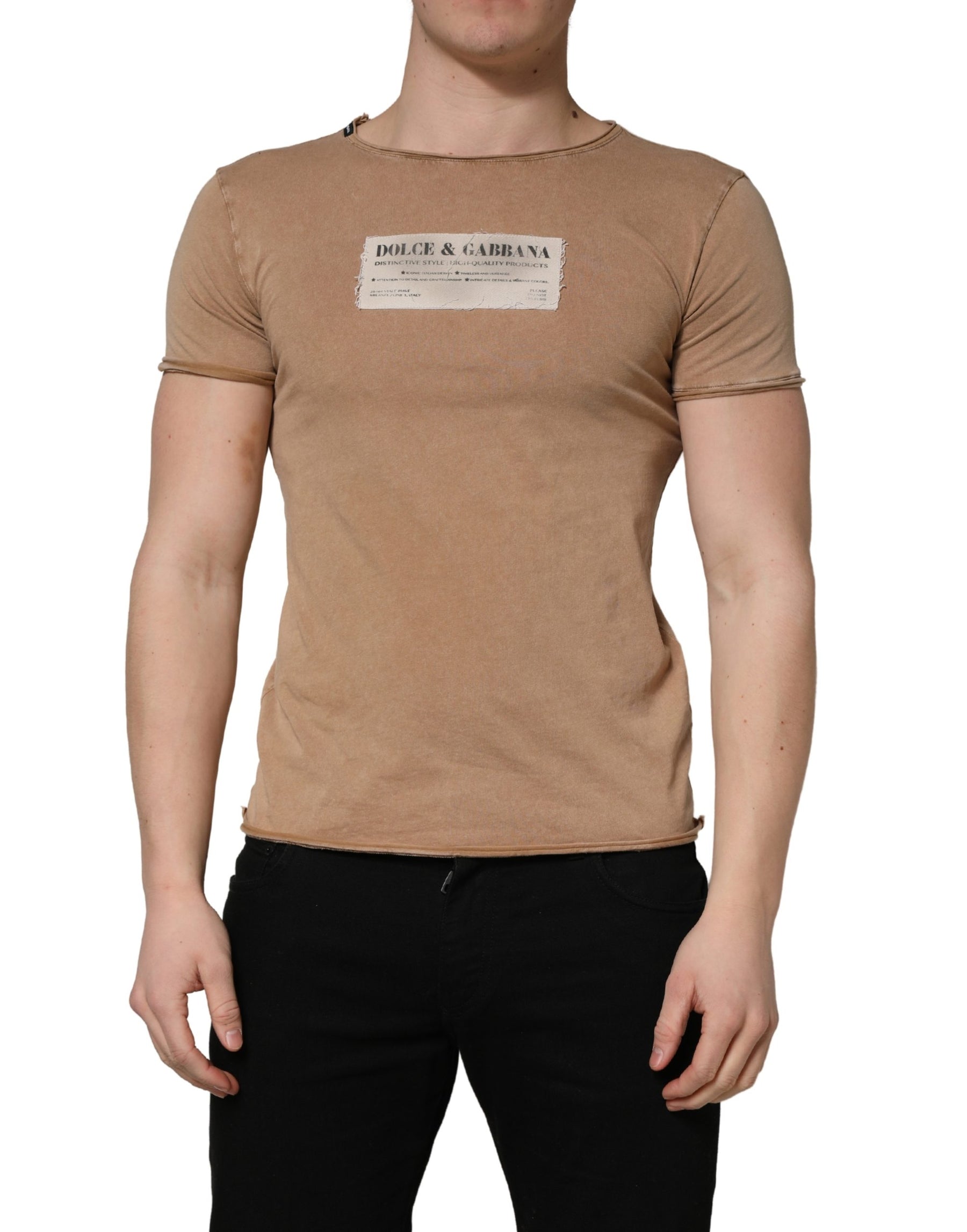 Dolce & Gabbana Brown Cotton Logo Patch Round Neck T-shirt | Regal Royce