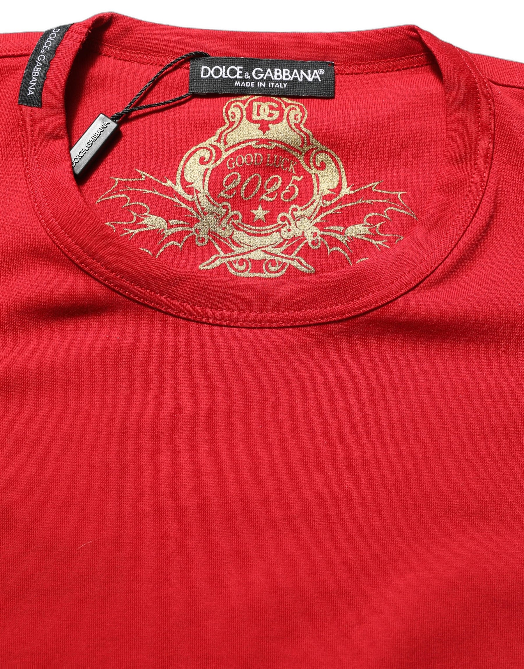 Dolce & Gabbana Red Goodluck 2023 Cotton Crew Neck T-shirt | Regal Royce