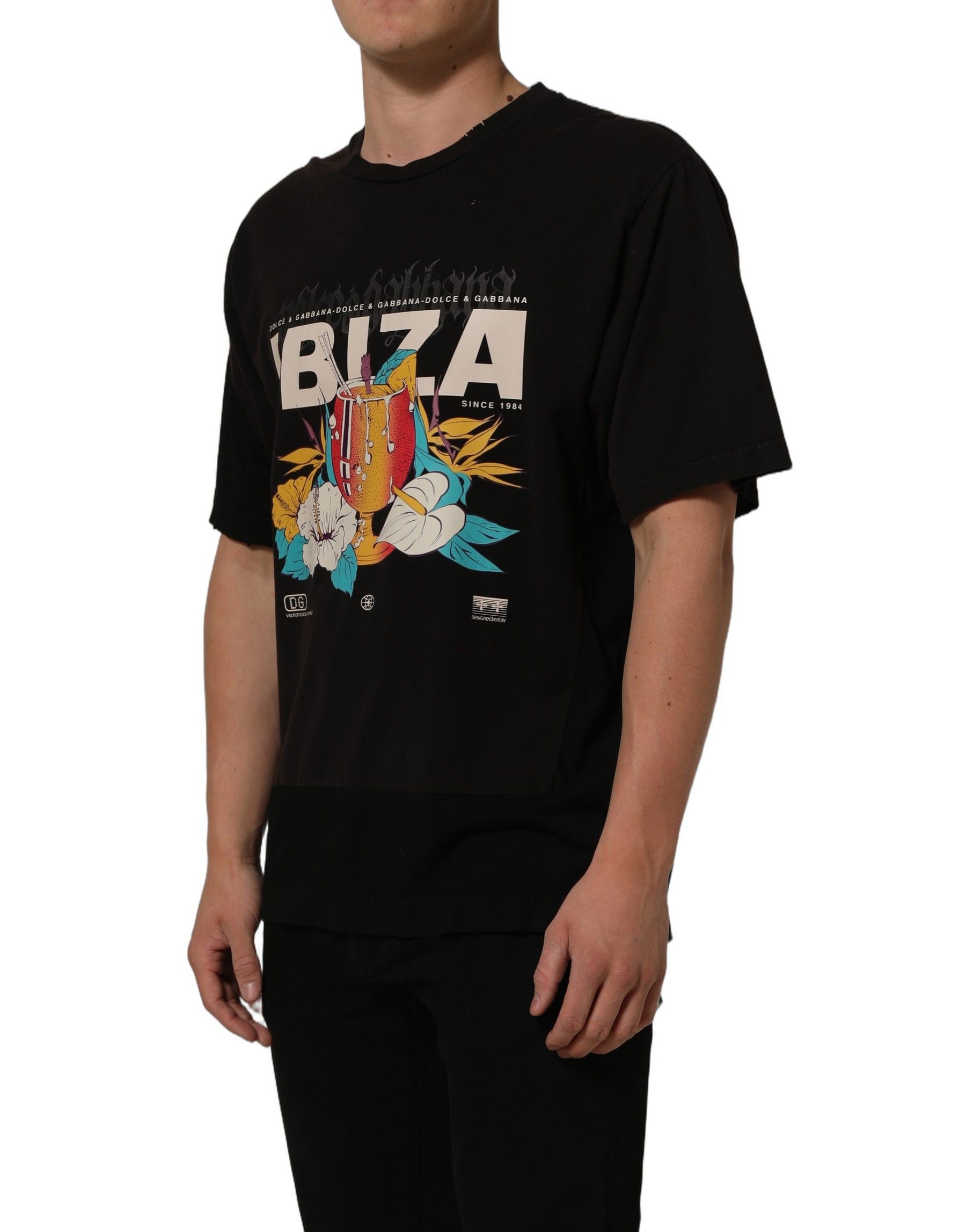 Dolce & Gabbana Black Tropical "IBIZA" Men Crew Neck T-shirt | Regal Royce