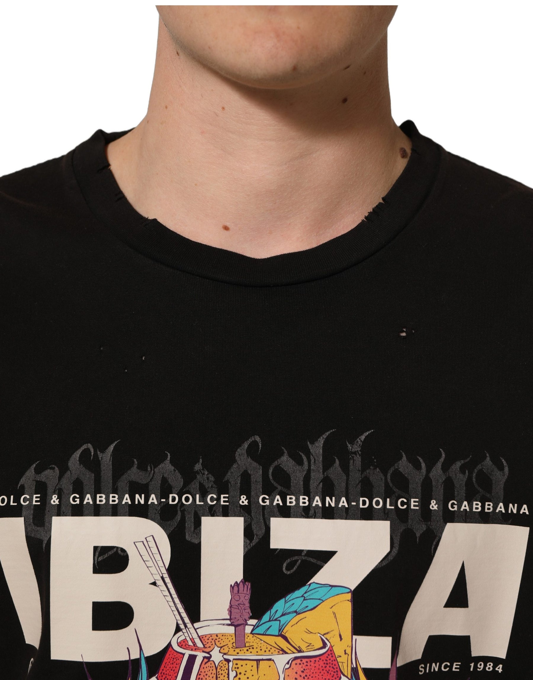 Dolce & Gabbana Black Tropical "IBIZA" Men Crew Neck T-shirt | Regal Royce