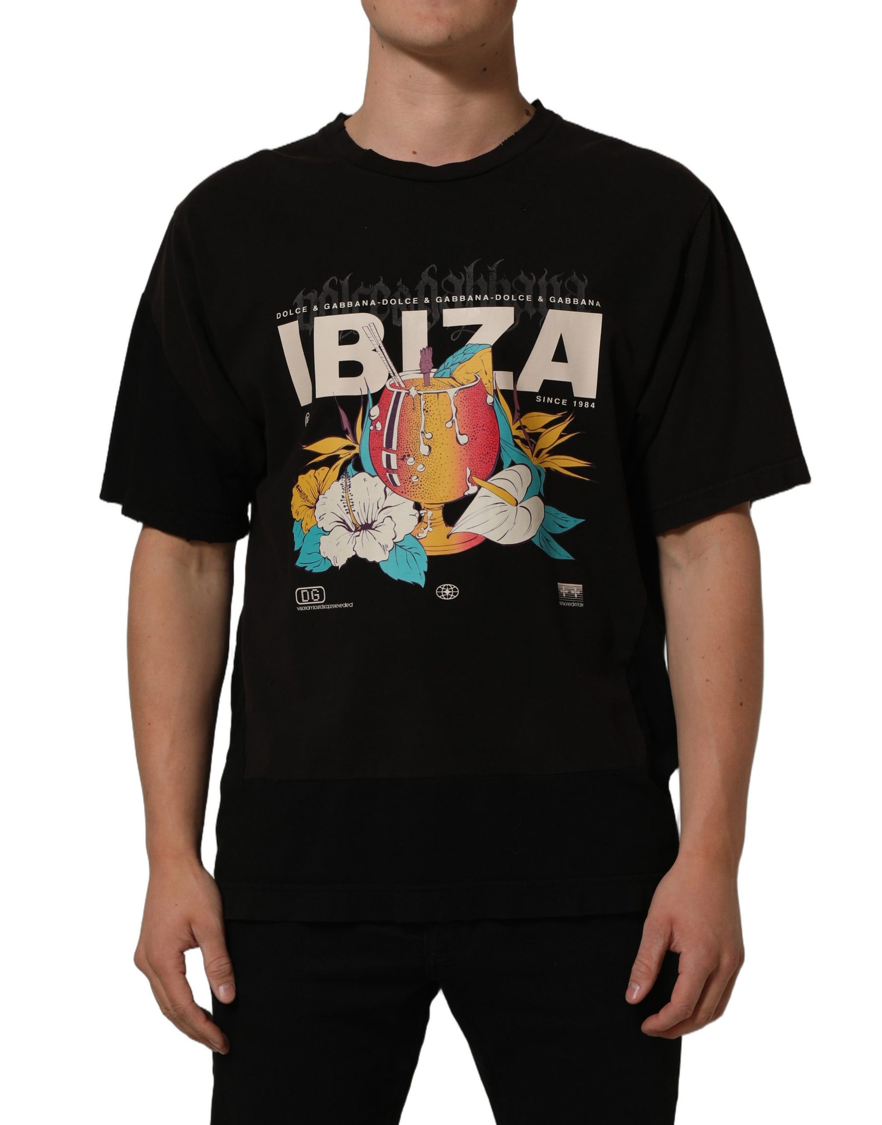 Dolce & Gabbana Black Tropical "IBIZA" Men Crew Neck T-shirt | Regal Royce