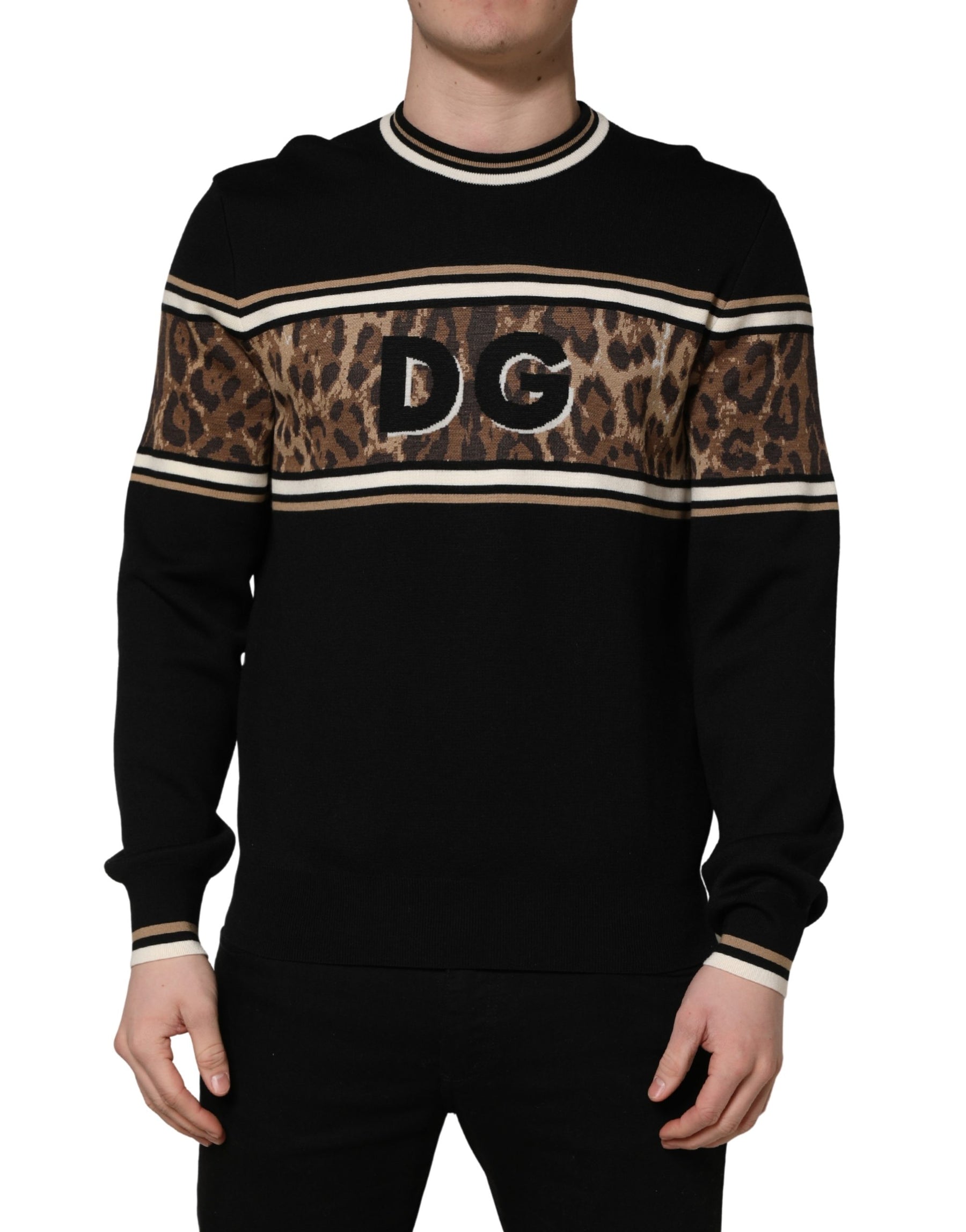Dolce & Gabbana Black Leopard Wool Crew Neck Men Pullover Sweater | Regal Royce