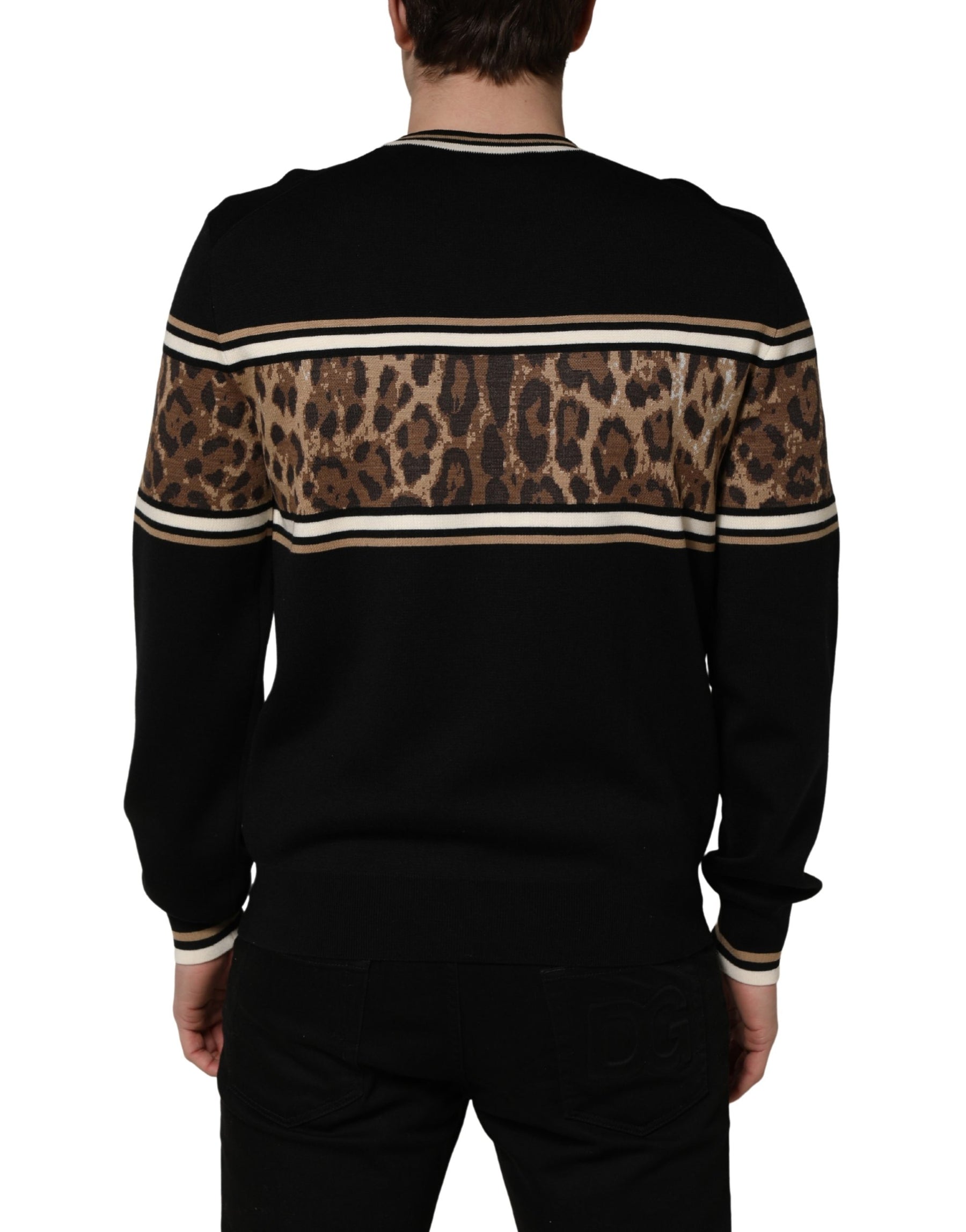 Dolce & Gabbana Black Leopard Wool Crew Neck Men Pullover Sweater | Regal Royce