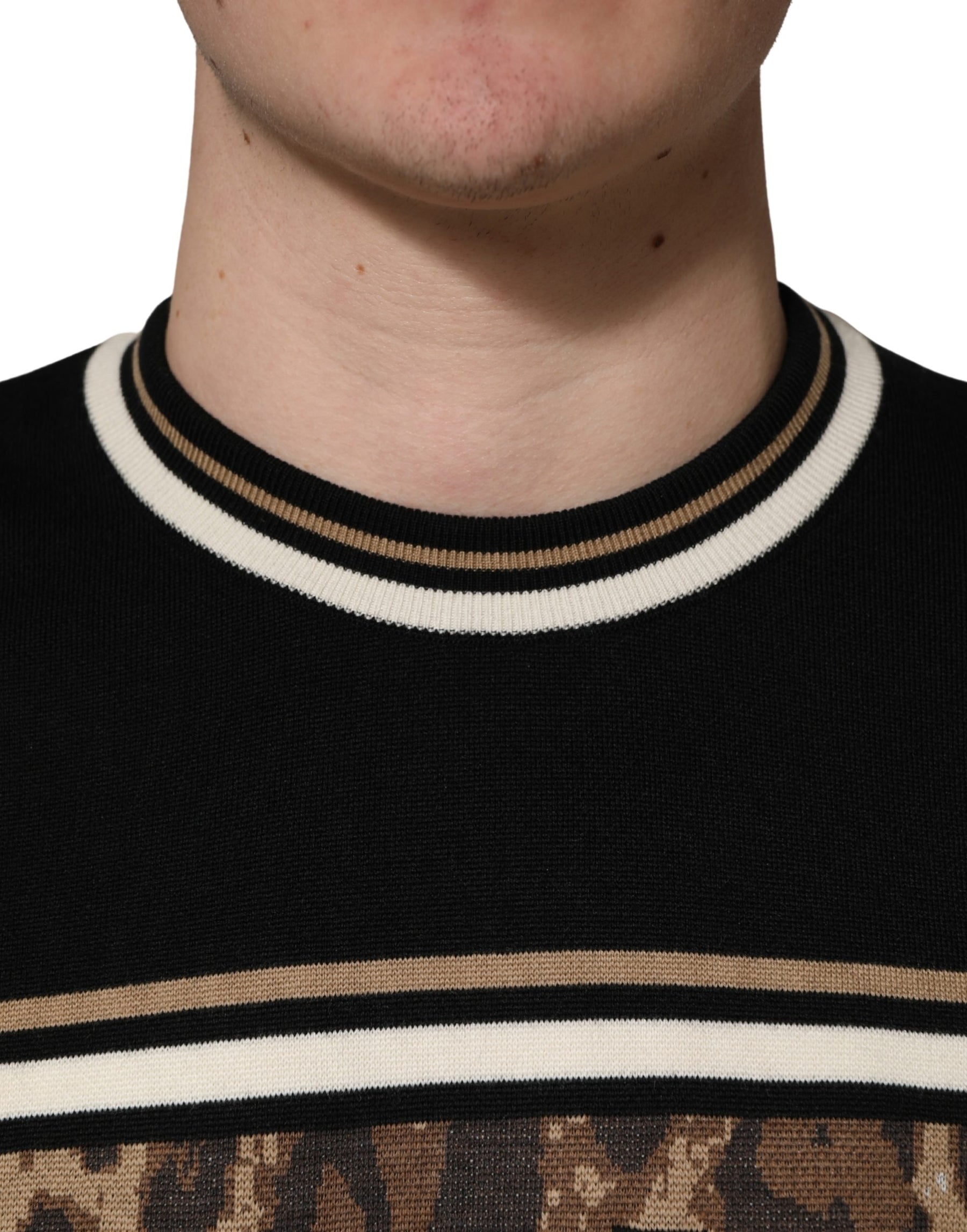 Dolce & Gabbana Black Leopard Wool Crew Neck Men Pullover Sweater | Regal Royce