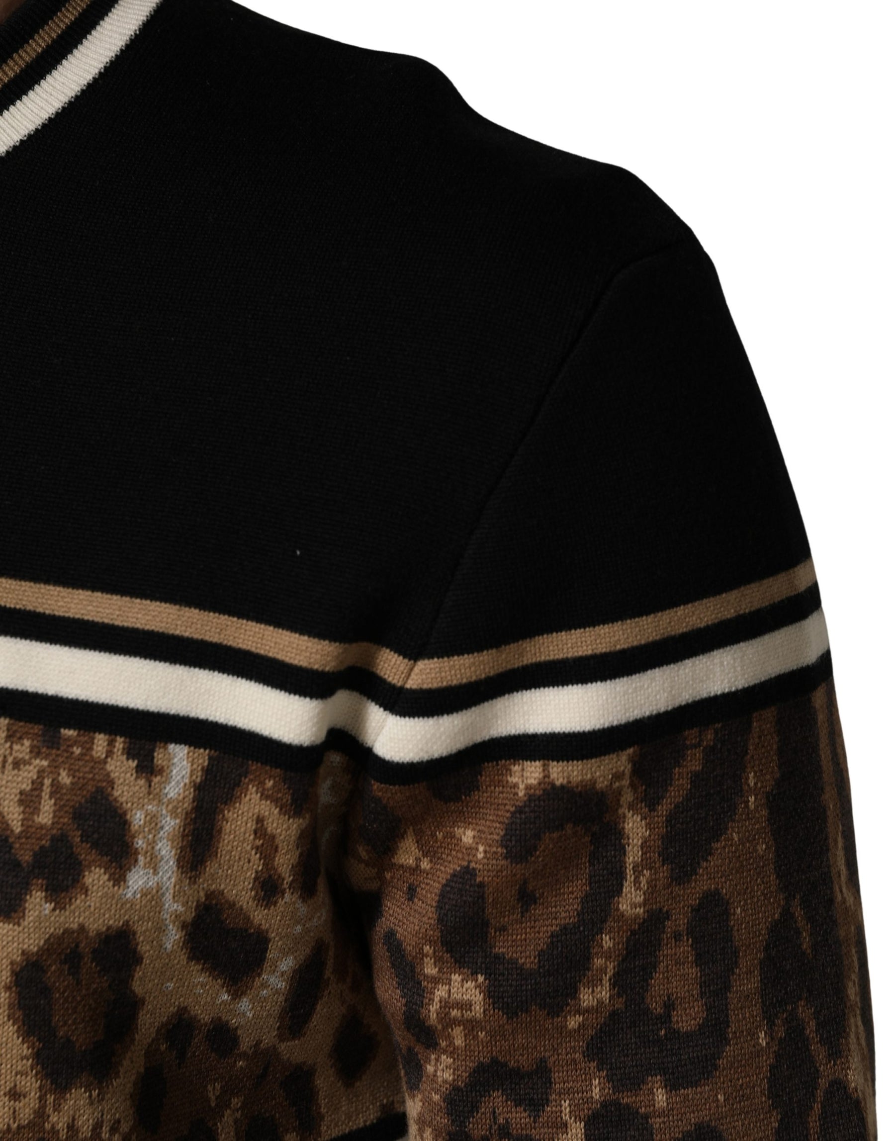 Dolce & Gabbana Black Leopard Wool Crew Neck Men Pullover Sweater | Regal Royce