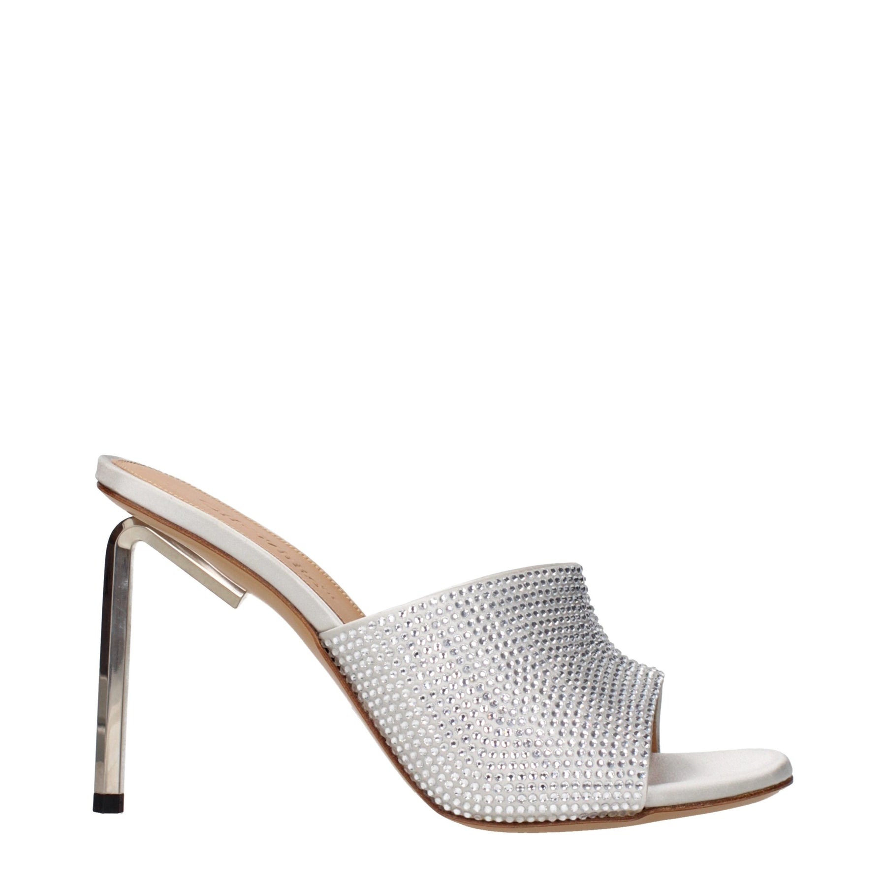 Off-White Gray Satin Stiletto Heel Sandals | Regal Royce