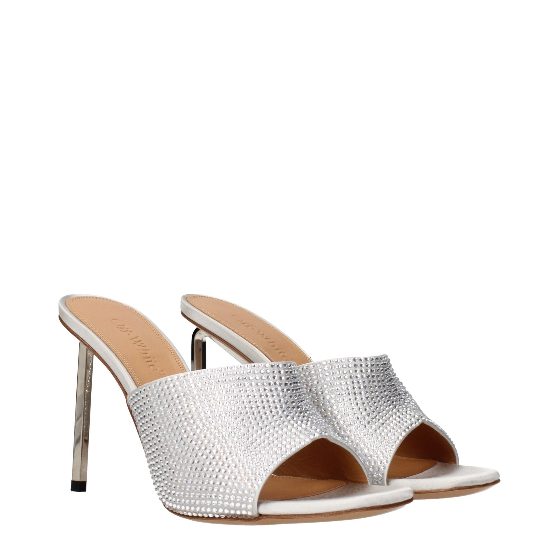 Off-White Gray Satin Stiletto Heel Sandals | Regal Royce