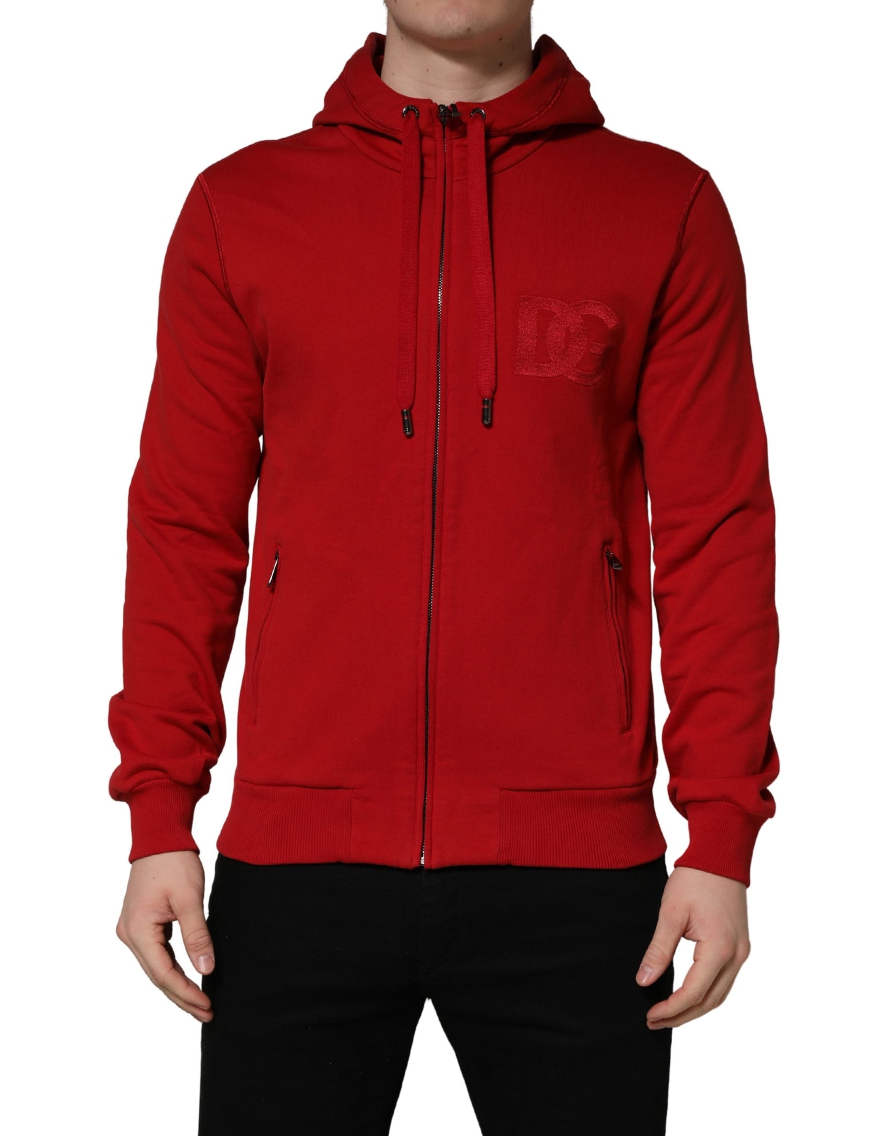 Dolce & Gabbana Red Embroidered Logo Hooded Full Zip Sweater | Regal Royce