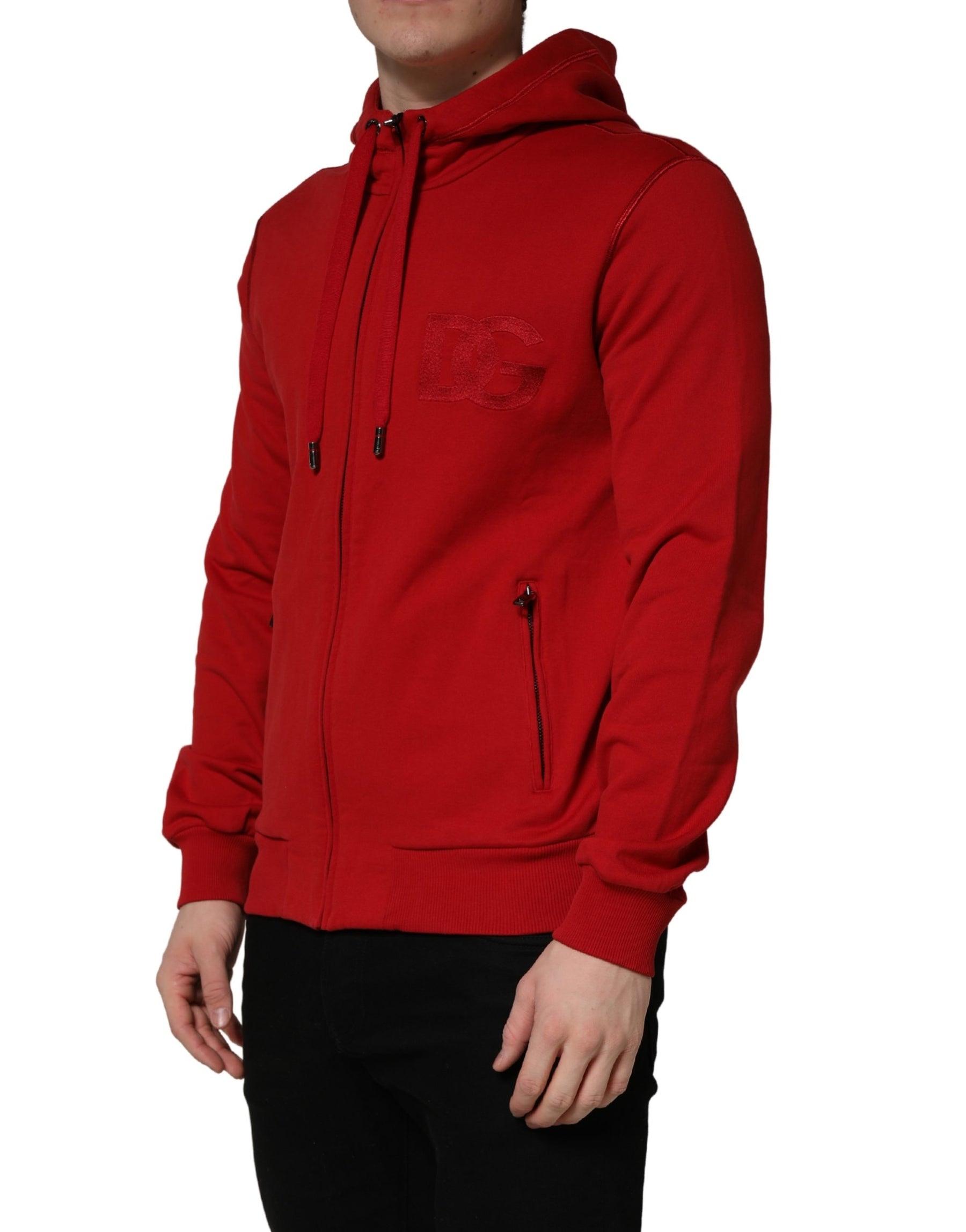 Dolce & Gabbana Red Embroidered Logo Hooded Full Zip Sweater | Regal Royce