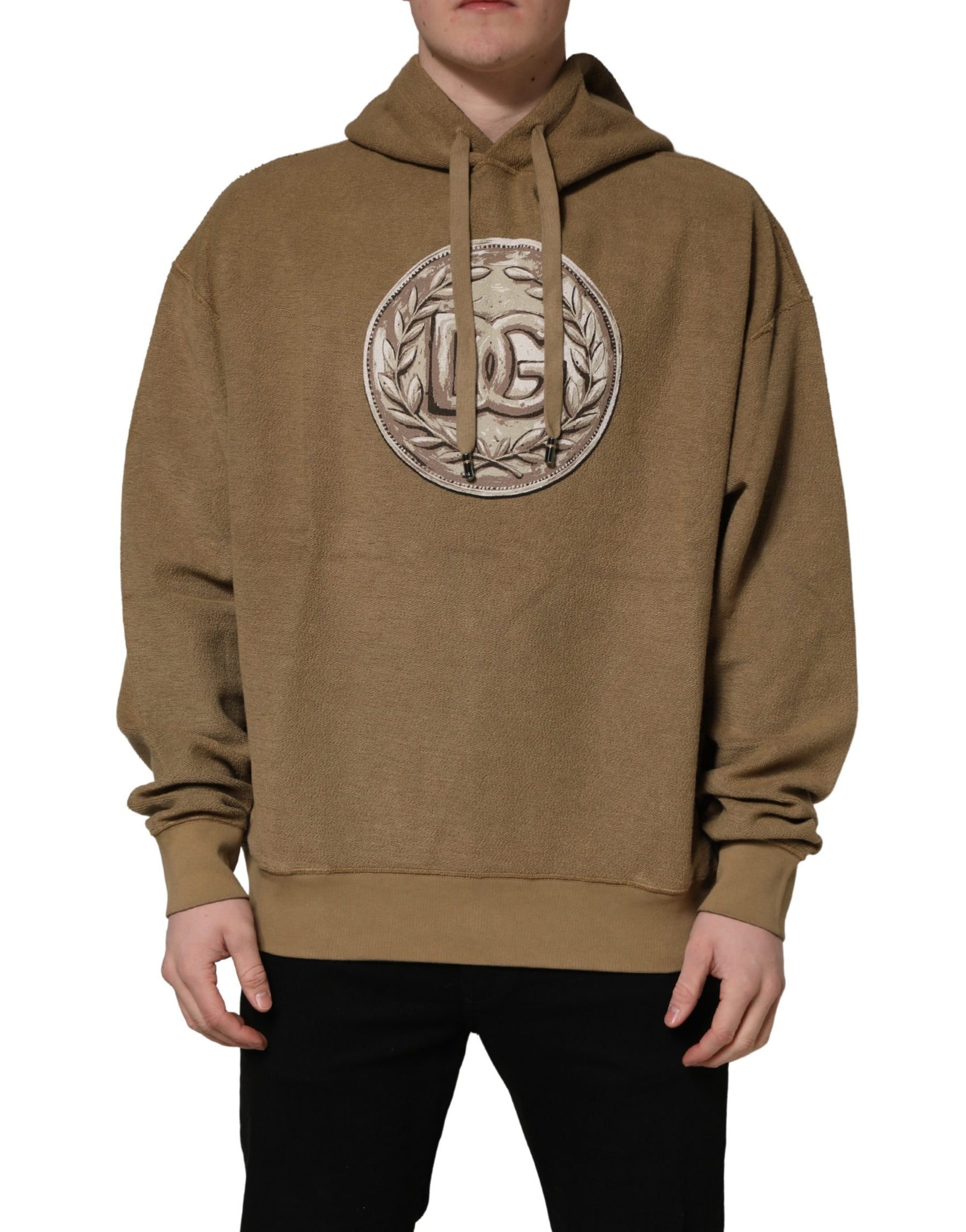 Dolce & Gabbana Brown Cotton Logo Coin Hooded Pullover Sweater | Regal Royce