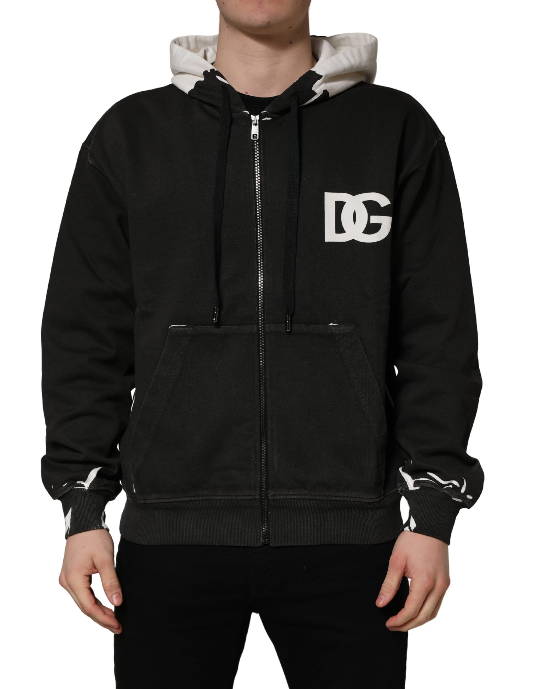 Dolce & Gabbana Black Cotton Logo Hooded Full Zip Sweater | Regal Royce