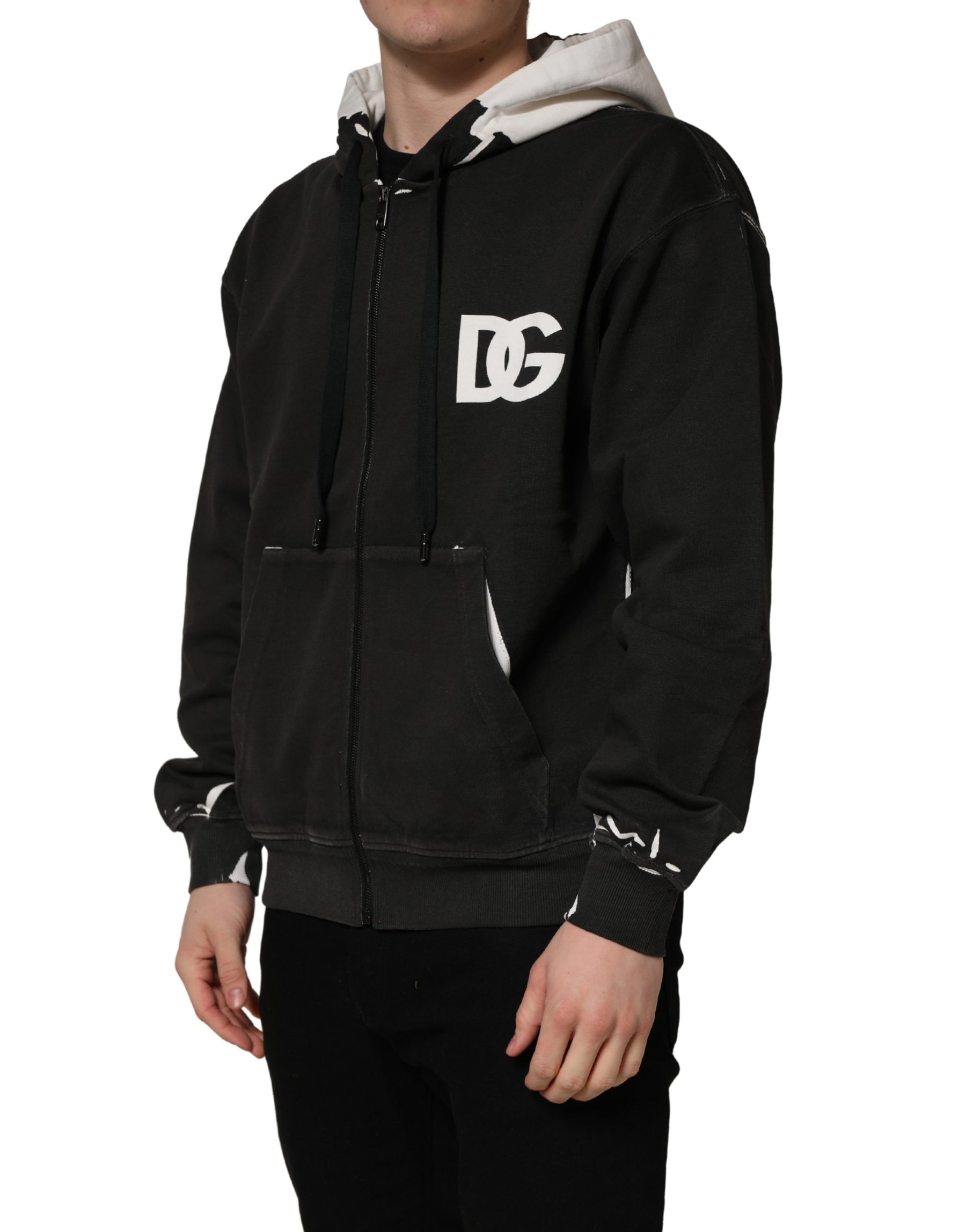 Dolce & Gabbana Black Cotton Logo Hooded Full Zip Sweater | Regal Royce