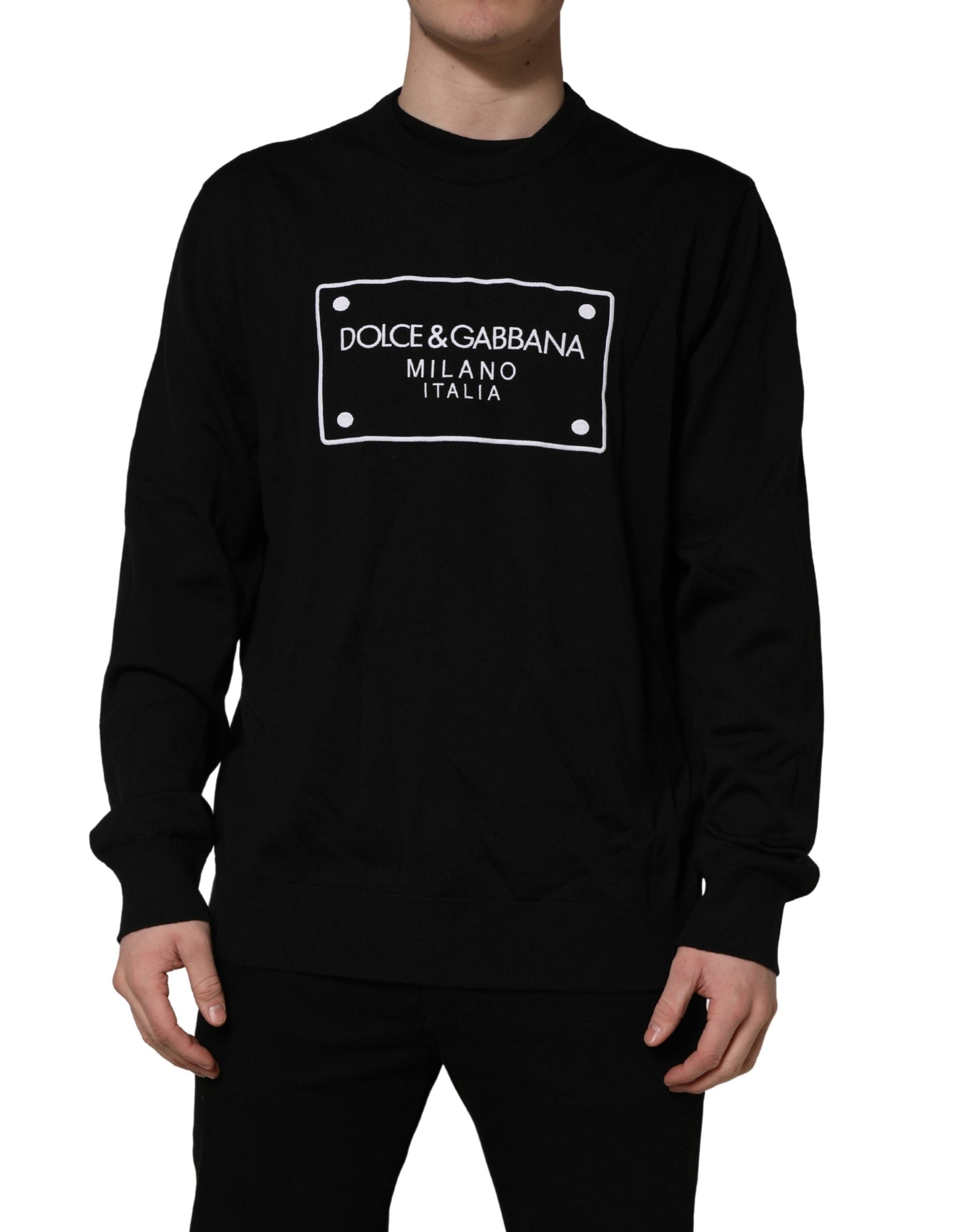 Dolce & Gabbana Black Graphic Logo Crew Neck Wool Pullover Sweater | Regal Royce