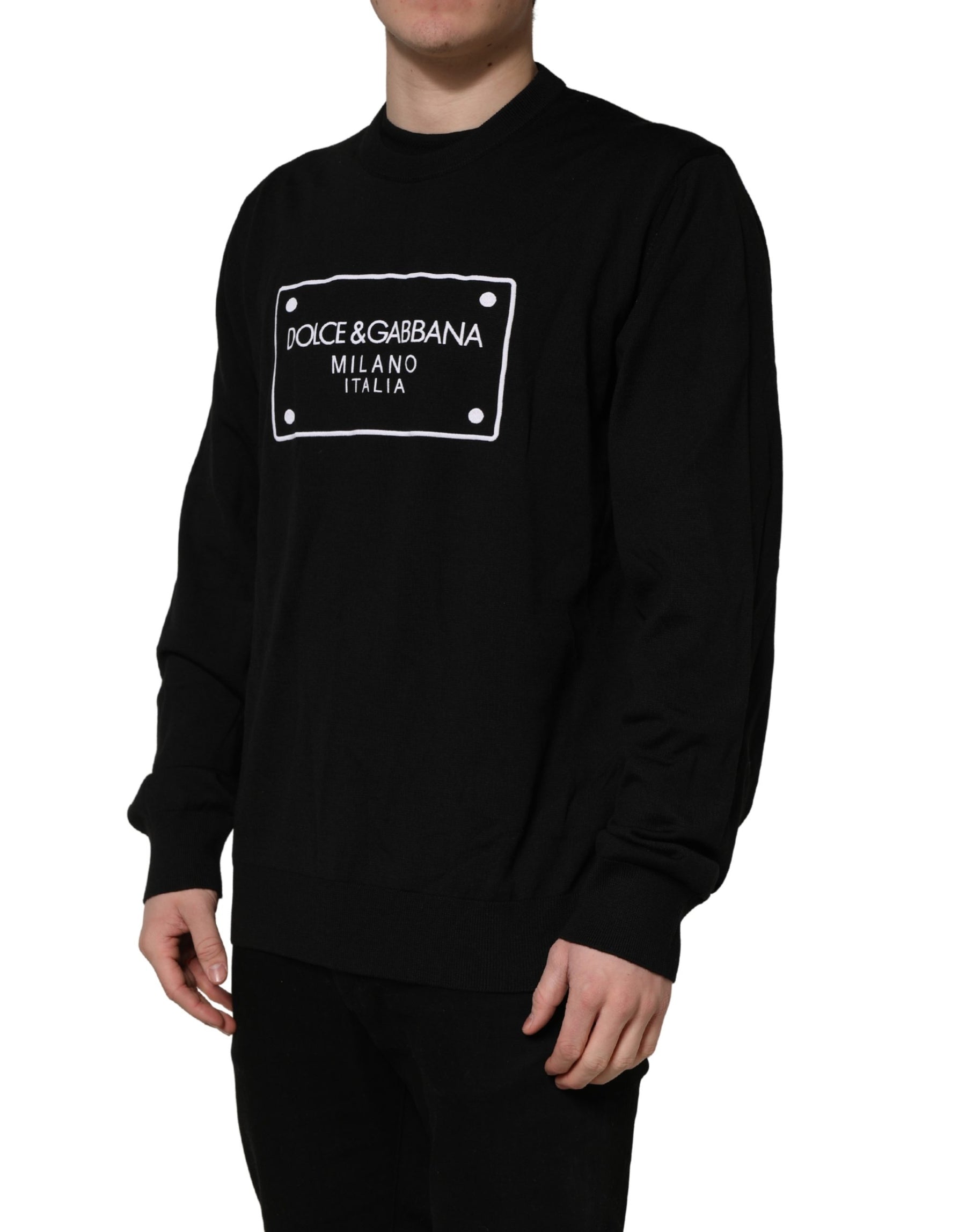 Dolce & Gabbana Black Graphic Logo Crew Neck Wool Pullover Sweater | Regal Royce